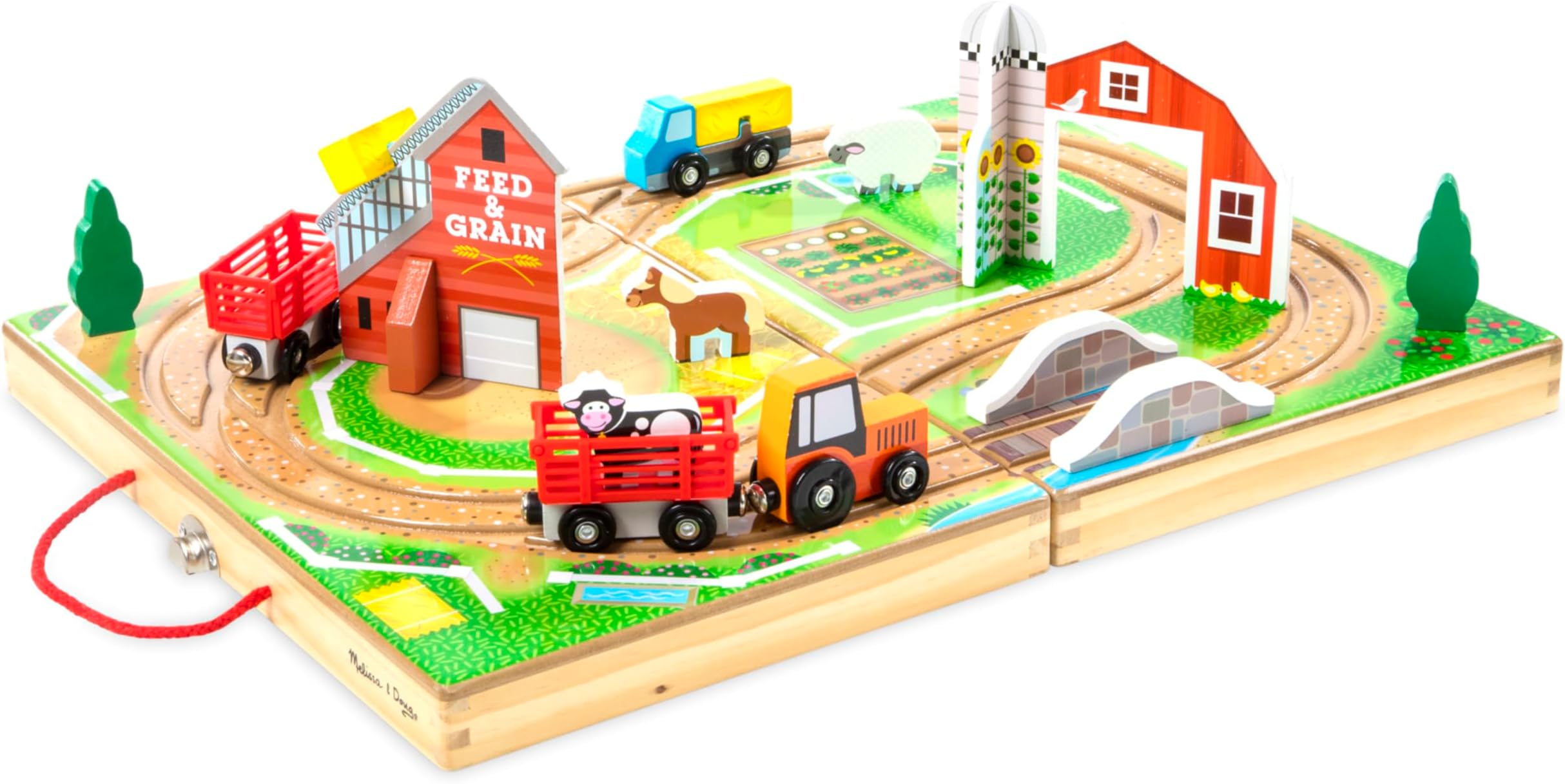 Melissa & Doug 17-Piece Wooden Tabletop Farm Playset With 4 Vehicles, Grain House & Play Pieces - Pretend Barnyard Toy For Toddlers Ages 1+