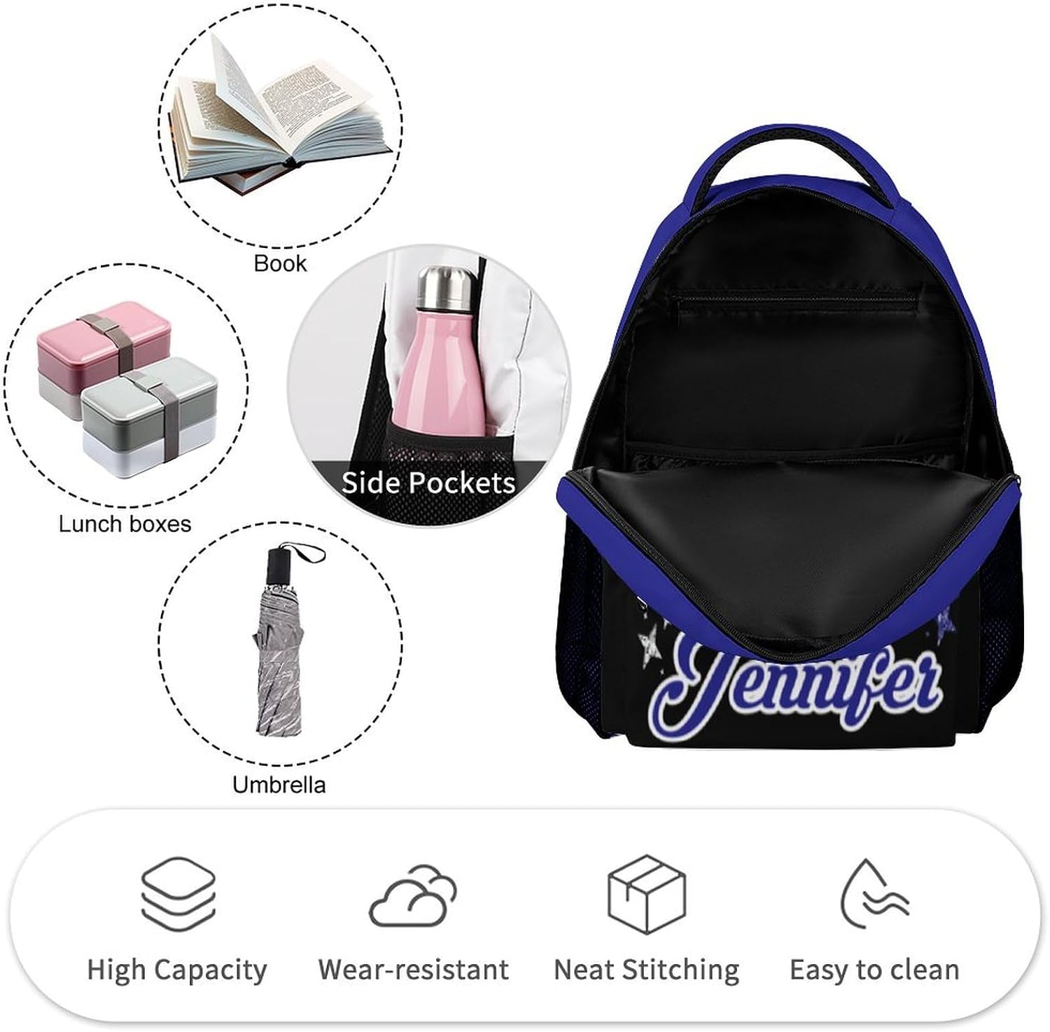 Navy Blue Cheer Black White Cheerleaders Backpack Casual Daypack for Kids Adults Casual Bag Student Backpack with 2 Side Pockets Schoolbag for Men Women