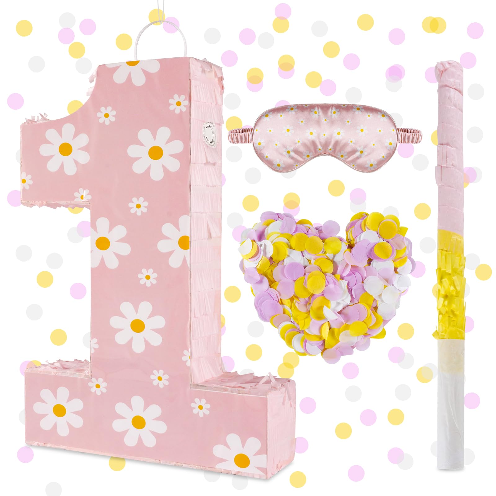 Décorations d'anniversaire en forme de marguerite – Piñata chiffre 1 avec bâton pour les yeux – Confetti pour les yeux – Fournitures de fête d'anniversaire bohème (marguerite 1)