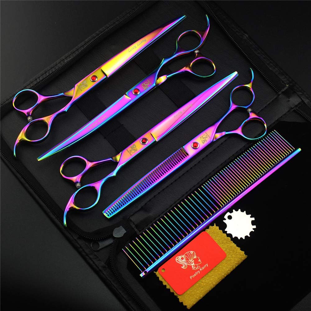 Crrs 8 inches Professional Pet Grooming Hairdressing Scissors Set,4 Pieces Stainless Steel Colorful Pet Dog Cat Scissors Grooming Scissors Straight Scissors/Curved Scissors/Thinning Shears/Comb for