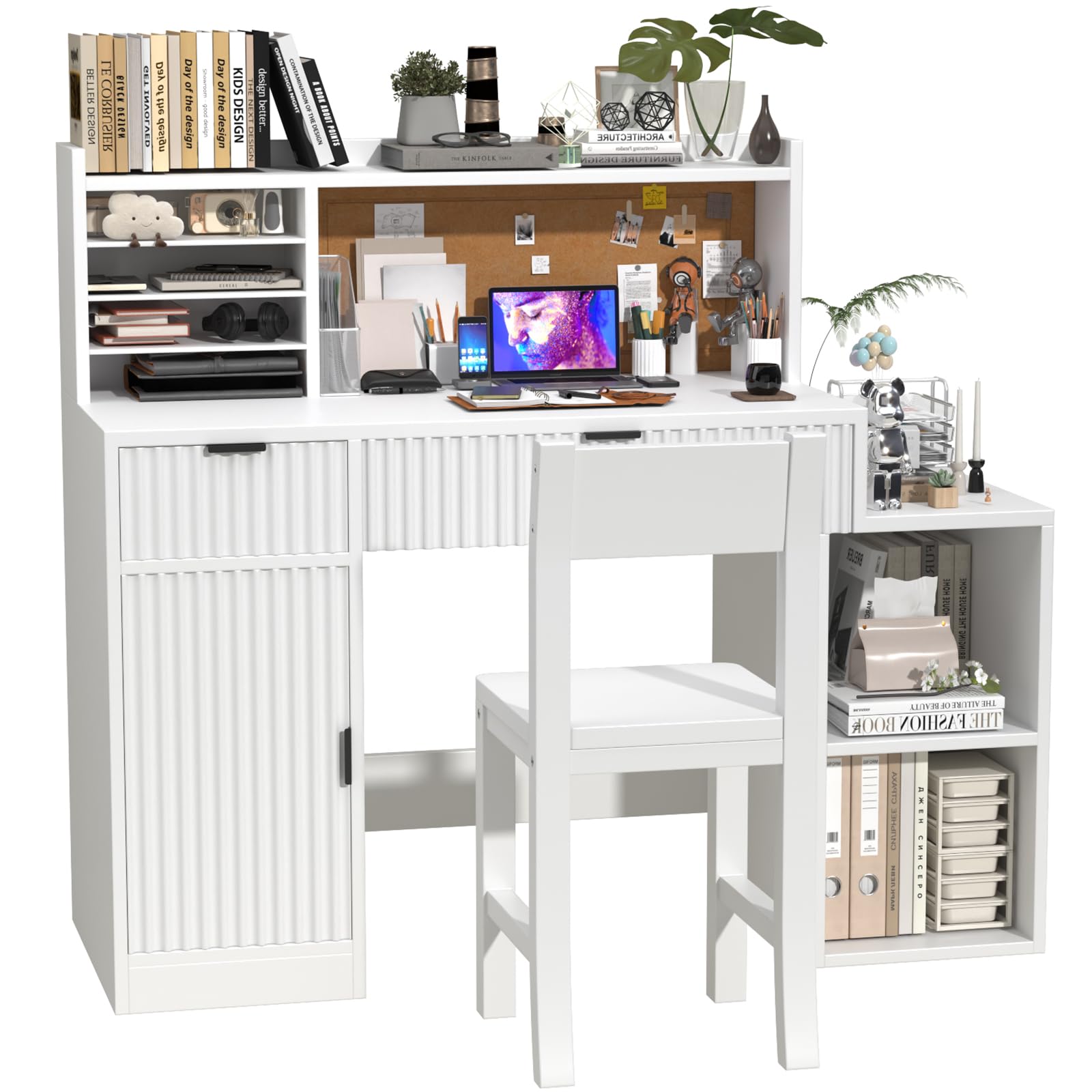 Juego de escritorio y silla de madera blanca para niños, juego de mesa de estudio y sillas con 2 cajones acanalados, escritorio de