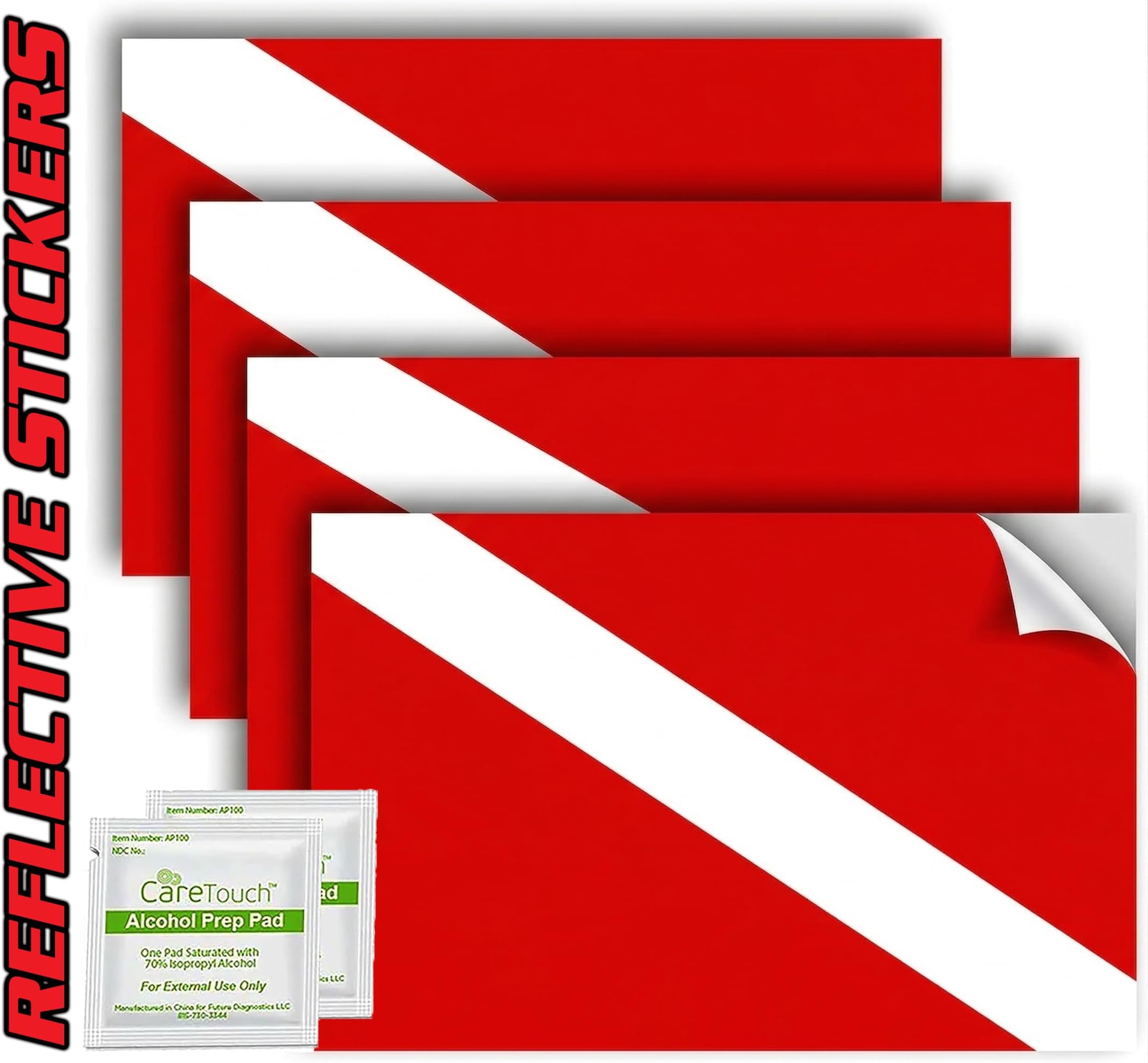 Scuba Diving Stickers - Diver Down Flag Decals (4 Pack) 4" x 2.5" Weatherproof UV-Resistant Heavy Duty Vinyl Stickers for Cars Boats Dive Gear Laptop Helmet Cooler