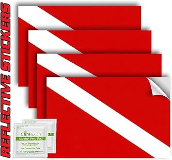 Scuba Diving Stickers | Set of 4 | 4" x 2.5" | Decals Weatherproof UV Resistant Vinyl Laminated Red and White Flag