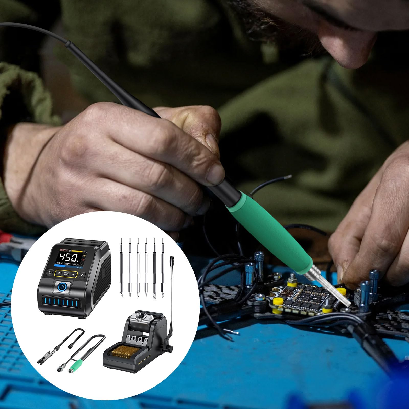 DWS-200 Lötstation Profi Lötkolben Station Set 100-450°C Keramikheizelement LCD-Display für Elektronik, DIY-Projekten, Nachbesserungen, Reparaturen