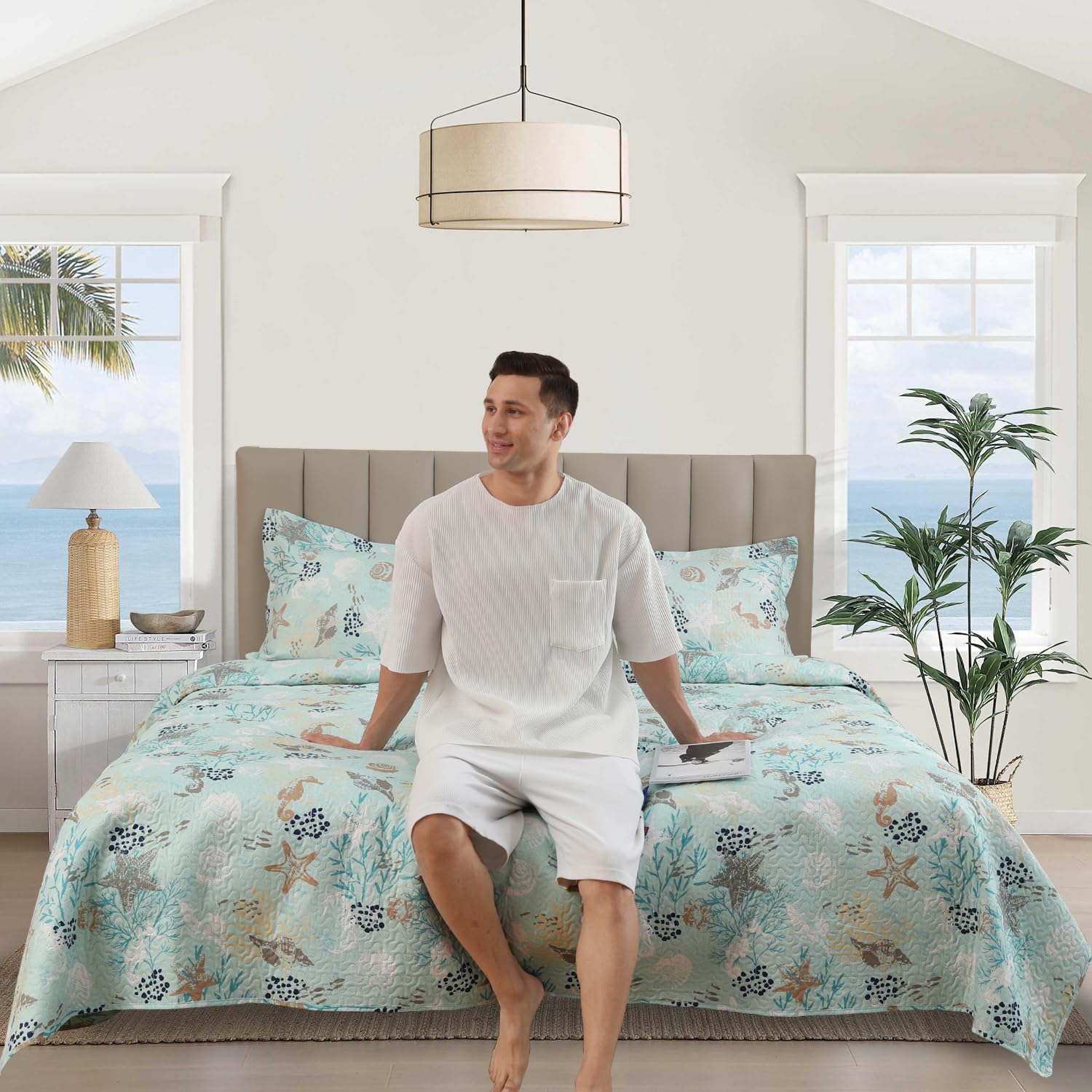 Ycosy 3-Piece Coastal Beach Bedspread Set Full/Queen Quilt Set Blue Ocean Theme Bedding Seashell Conch Seahorse Starfish Bed Covers Bedroom Decor,1 Quilt+ 2 Pillow Shams | Ocean Themed