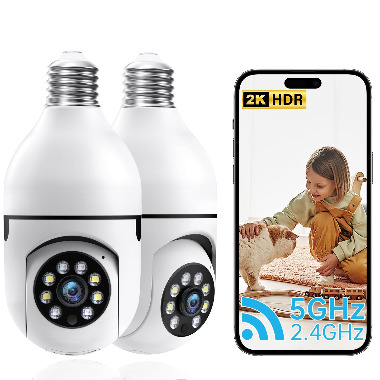 Light Bulb Security Camera, 2.4G 5GHz WiFi Security Cameras Wireless Outdoor Indoor, 2K Bulb Cameras for Home Security Outside, Motion Detection Alarm, Two Way Talk, Color Night Vision 2 Pack