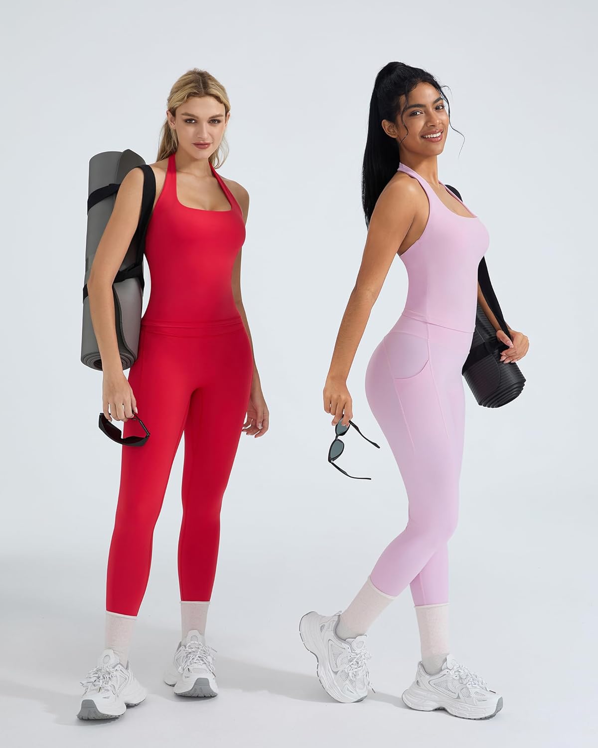 OMKAGI 2 Piece Workout Sets for Women Halter Tops Booty Leggings with Pockets Gym Outfits - Image 2