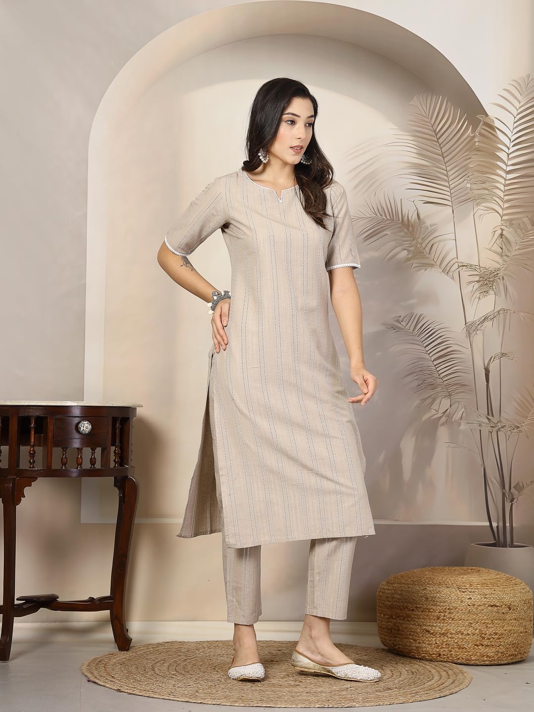 Stylum Women's Self Woven Striped Cotton Blend Straight Kurta Pant Set