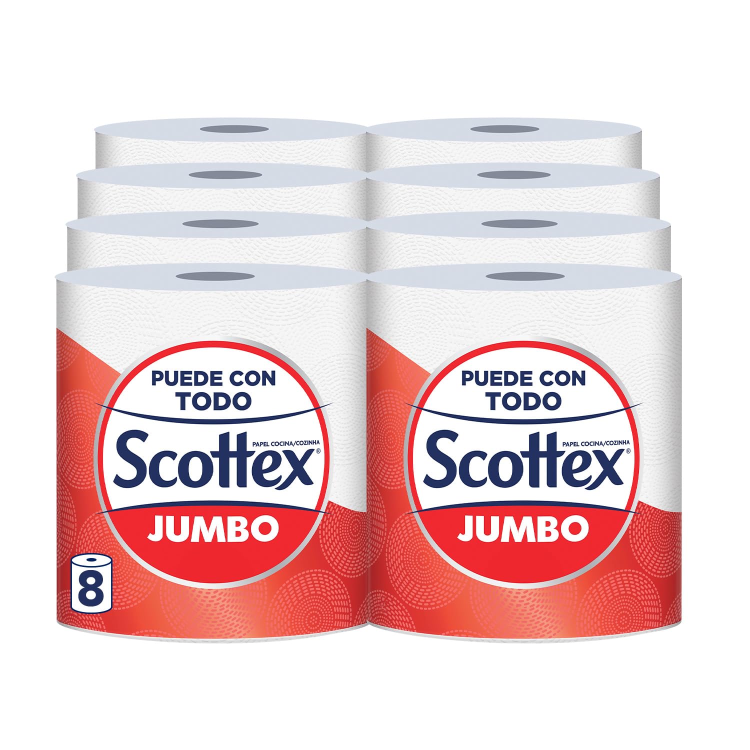 Scottex Jumbo Papel de cocina 8 rollos, eficacia multiusos con envase reciclable y fibras FSC