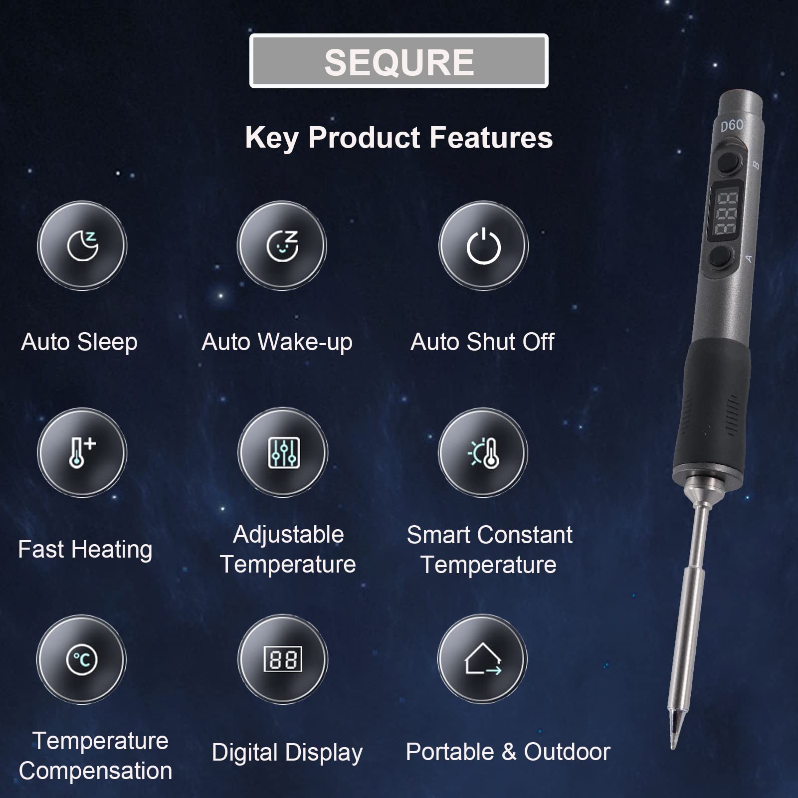 Electric Soldering Iron, SEQURE D60B Pro Portable Soldering Kit, Support PD 3.0, Auto Sleep & Shutoff, XT60 Cable, 19V Power Adapter, Digital Adjustable Temperature Welding Tool - TS B2