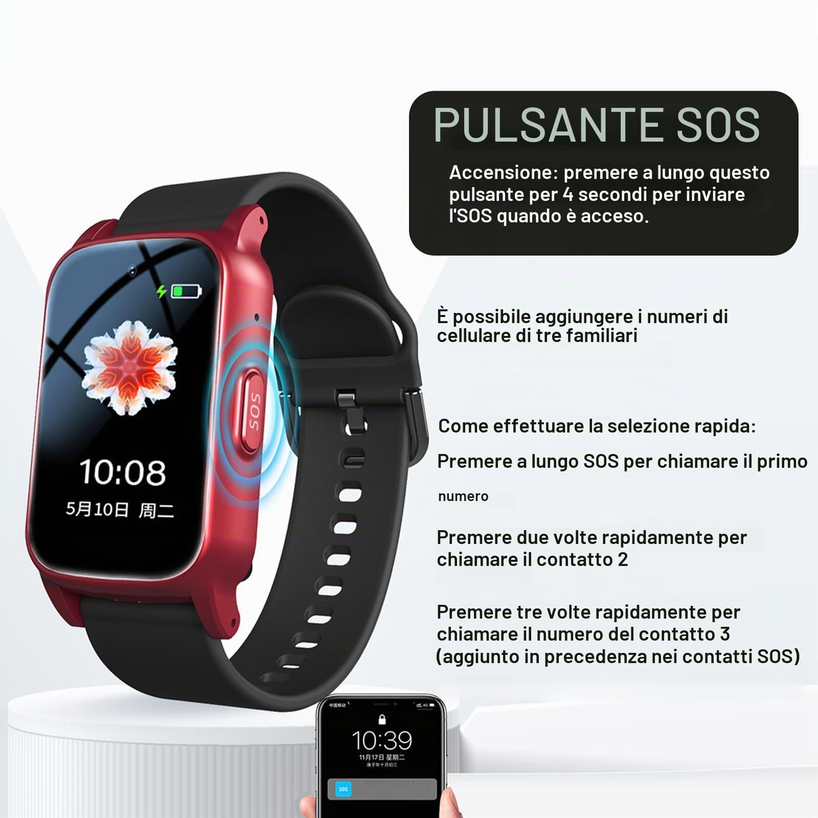Smartwatch Per Anziani, Con Pulsante SOS, Con Rilevamento Di Avvisi Di Caduta E Posizione GPS Bracciale, Videochiamata HD Orologio Intelligente Per AnzianiRed,1.25 * 0.57 * 2.22inch