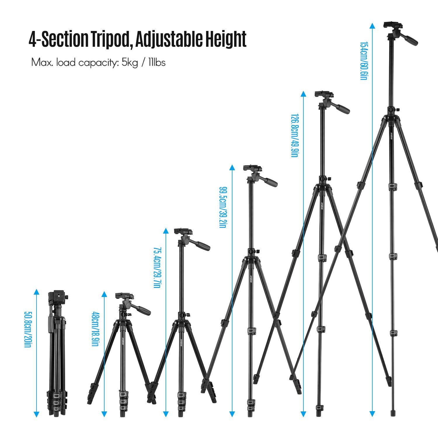 Andoer Treppiede per Fotocamera con colonna centrale Transversal, con testa girevole e inclinabile a 3 vie per fotocamere DSLR, videocamere, mini proiettore