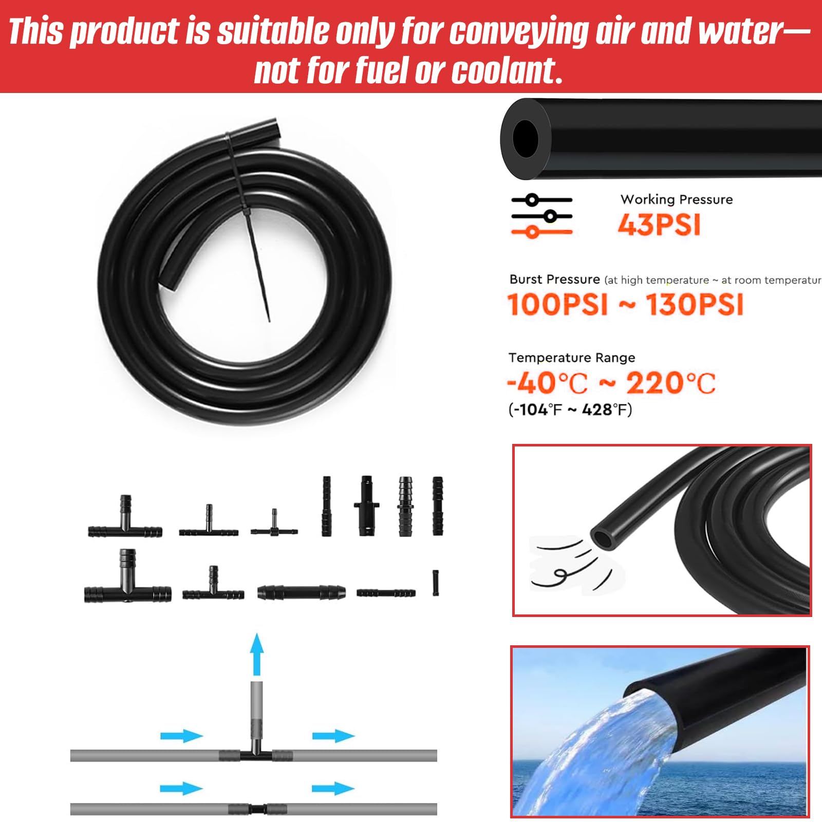 Kit tubi a vuoto in silicone, 3/4/5/6/8/10 mm (2 m ciascuno), con 120 connettori, Pressione di rottura 130 PSI, Intervallo di temperatura -40 a 220°C, per sistemi a vuoto e acqua per auto
