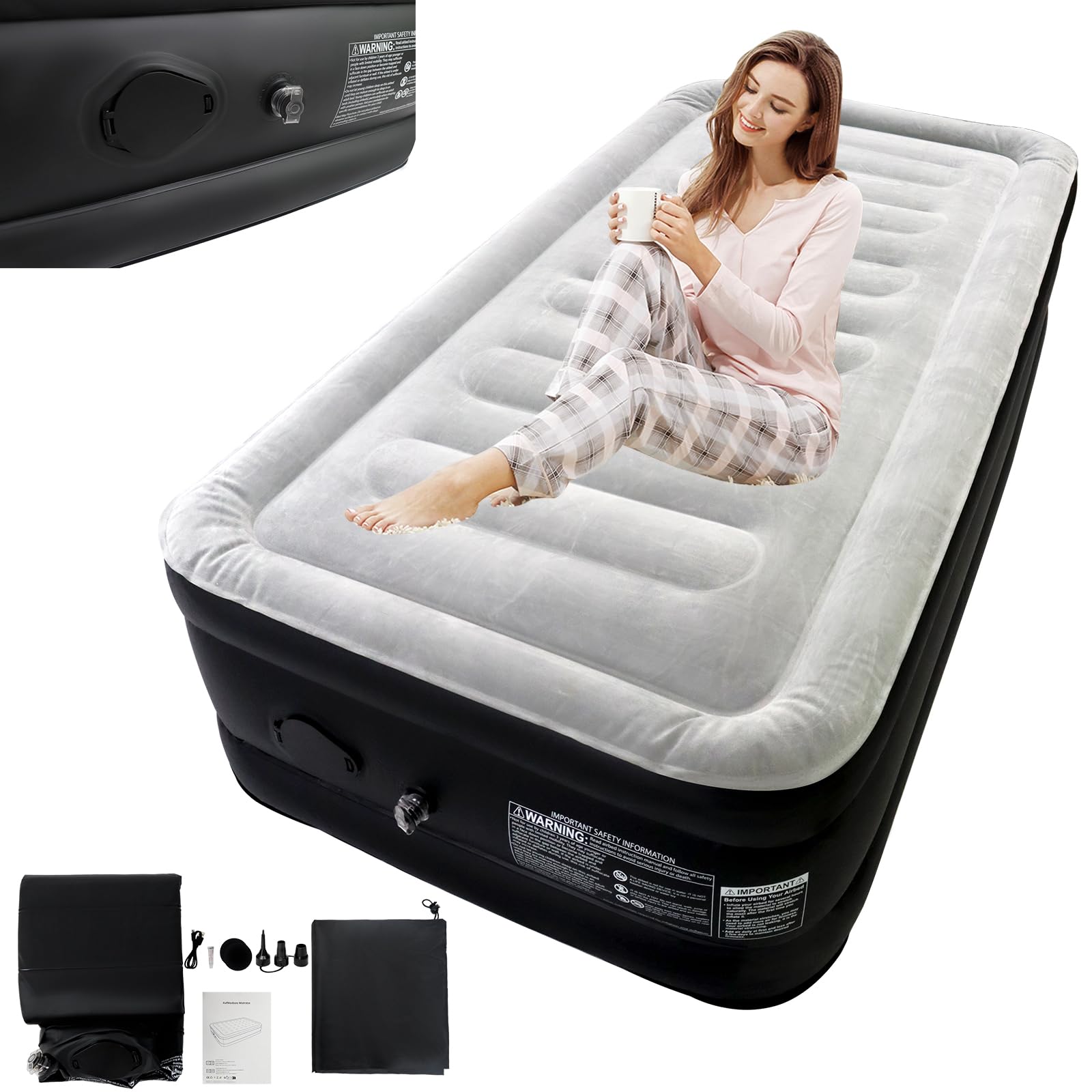 ACXIN Materasso gonfiabile, gonfiabile, gonfiabile, con pompa ad aria, per campeggio, casa, 187 x 90 x 46 cm, per 1 persone, fino a 300 kg, colore: nero e grigio