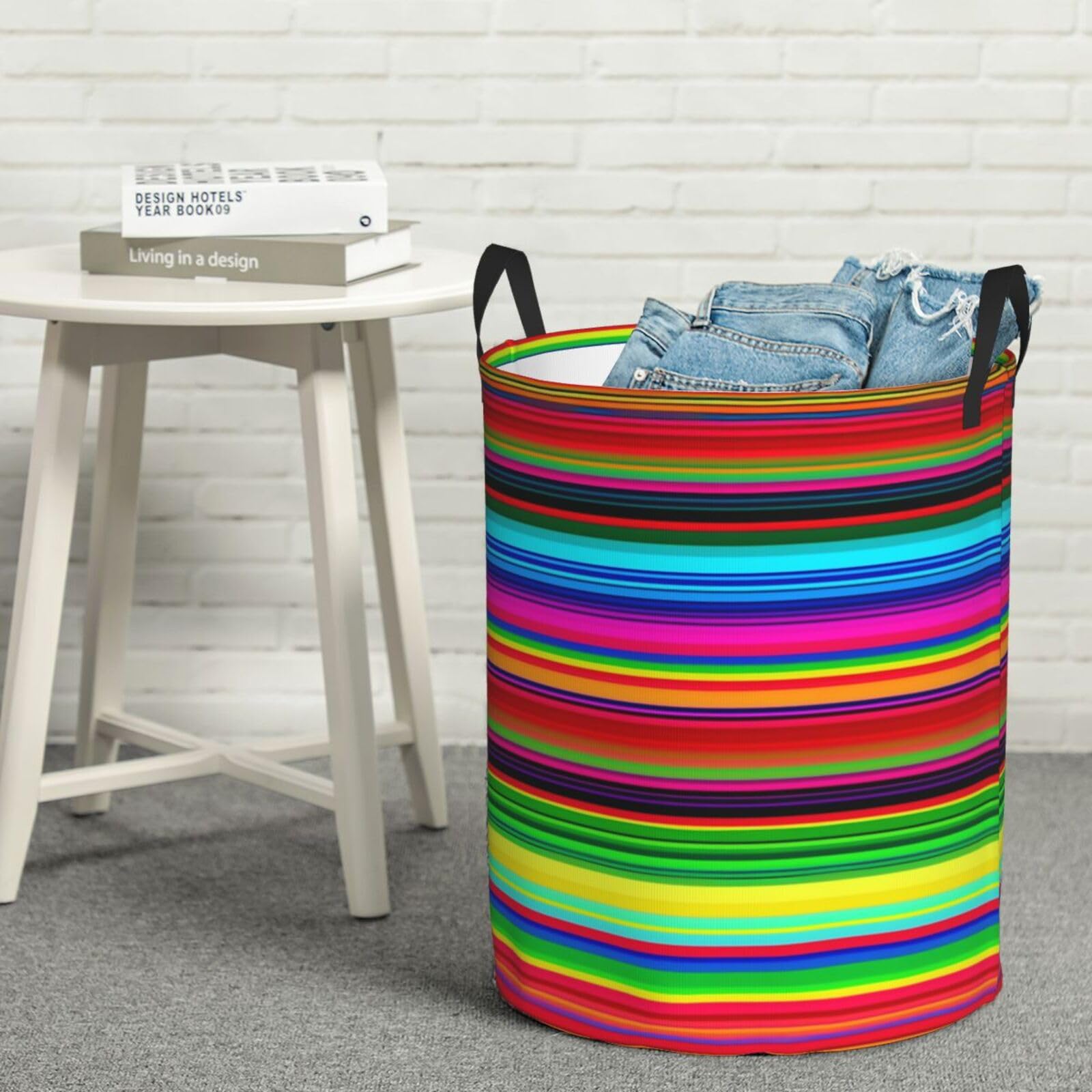 Fodpand Black Colorful Mexican Stripes Laundry Basket With Handle, Freestanding Laundry Hamper, Collapsible Dirty Clothes Hamper, Waterproof Fabric Blanket Storage Basket Tall Toy Storage Bin Room Decor Medium
