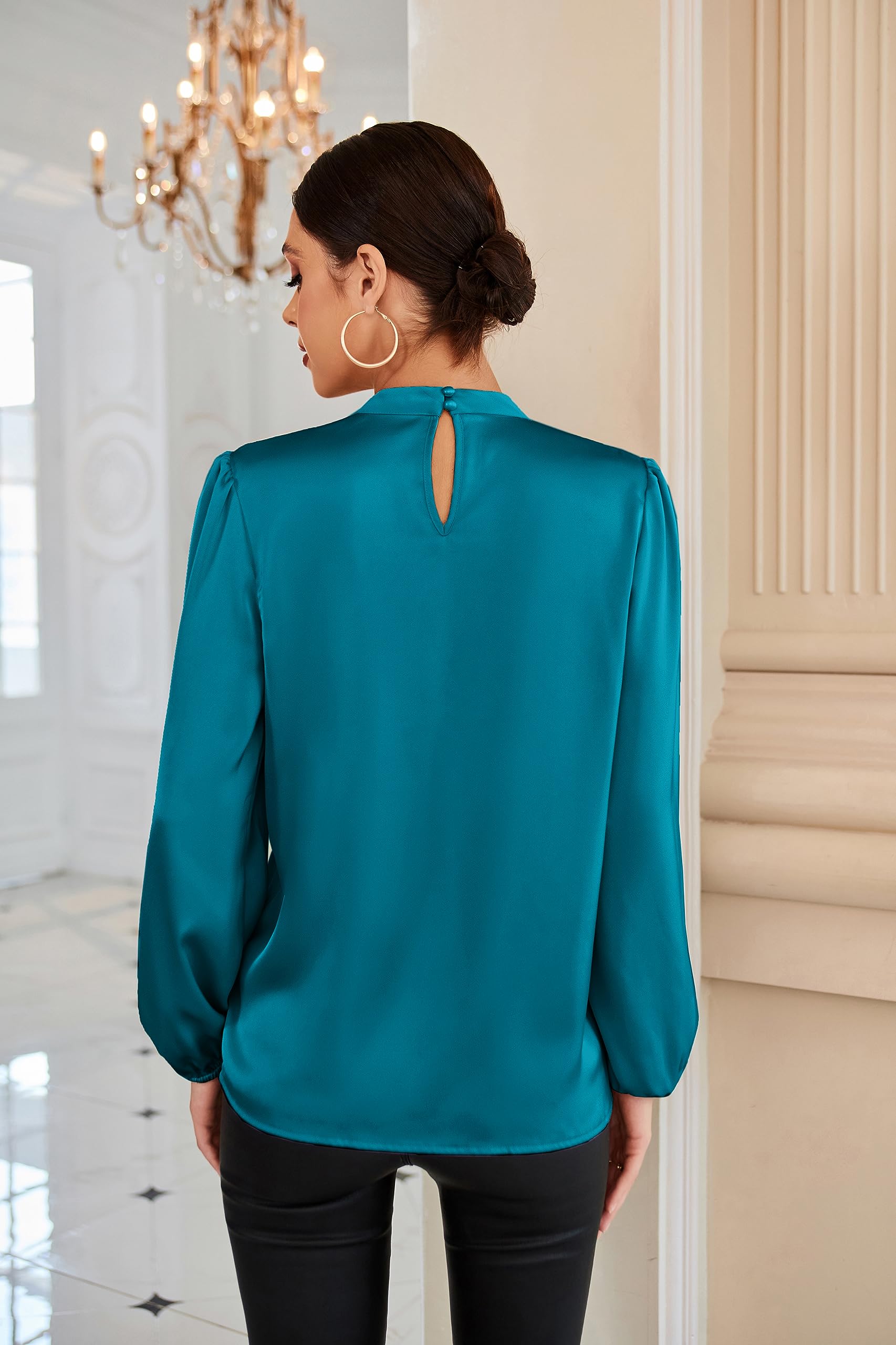 GRACE KARIN Blusa Elegante Donna Maniche Lunghe a Lanterna Tinta Unita con Scollo Rotondo da Ufficio Casual