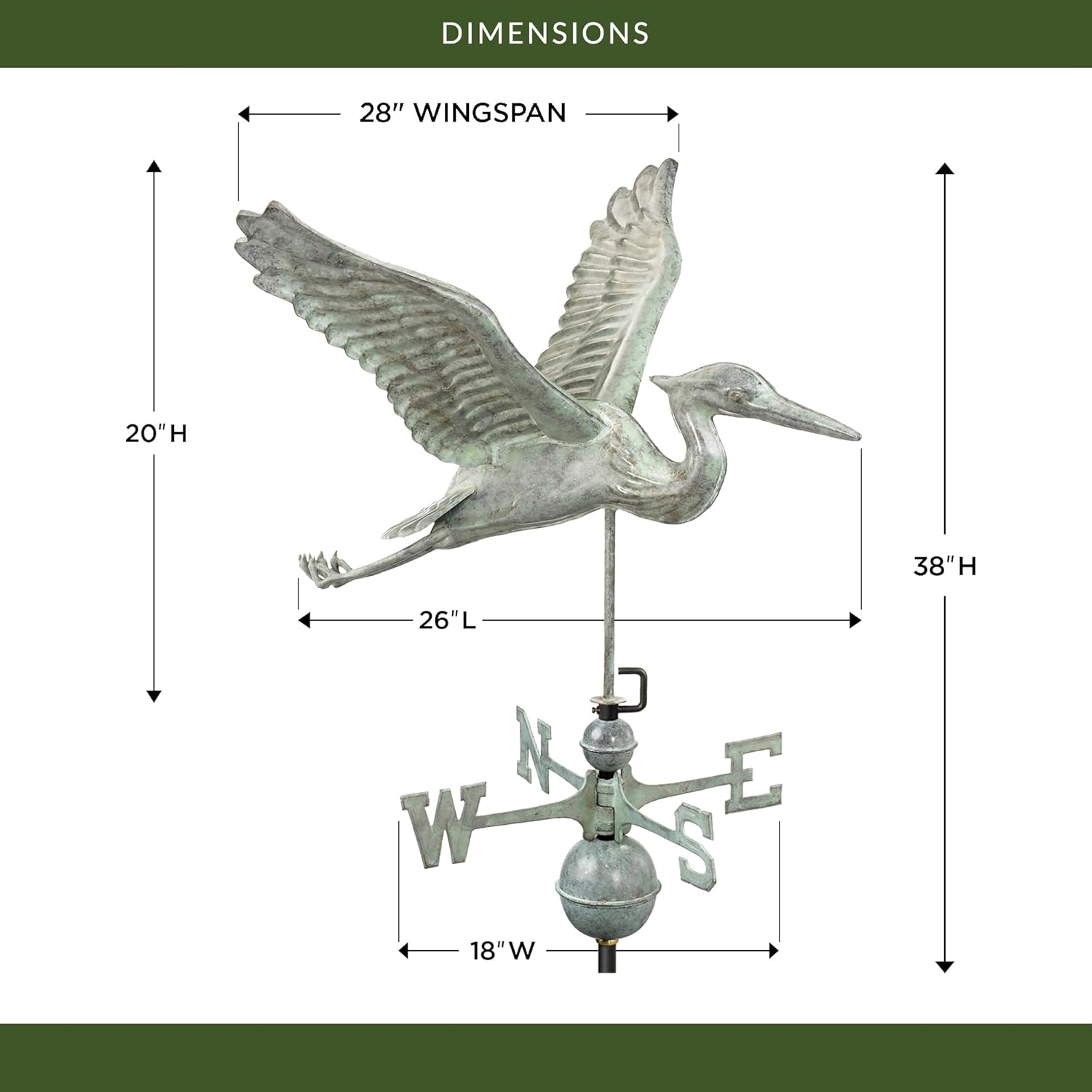 Good Directions Blue Heron Weathervane, Blue Verde Copper, Patina