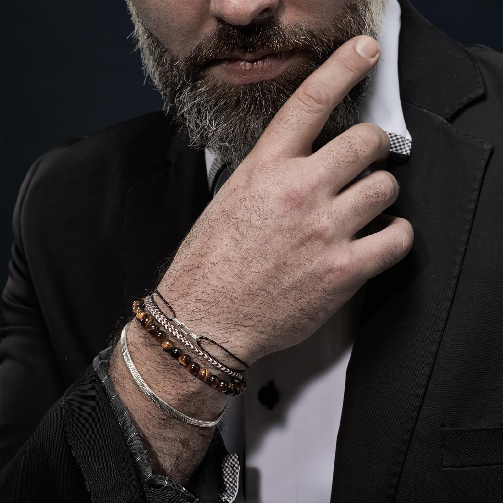 Nato Cuff - Pulsera de plata de ley 925 - Cuentas de piedras preciosas de ojo de tigre amarillo - Hecho a mano en Francia - Joyería para hombre y mujer
