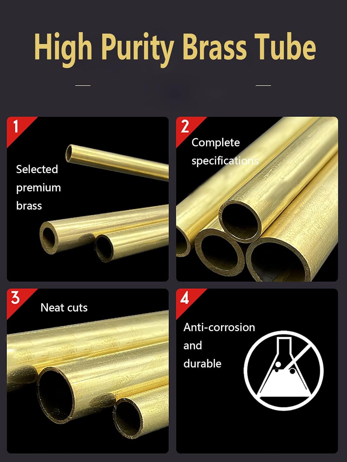 Infographic detailing features of High Purity Brass Tube: selected premium brass, complete specifications, neat cuts, anti-corrosion, and durable.