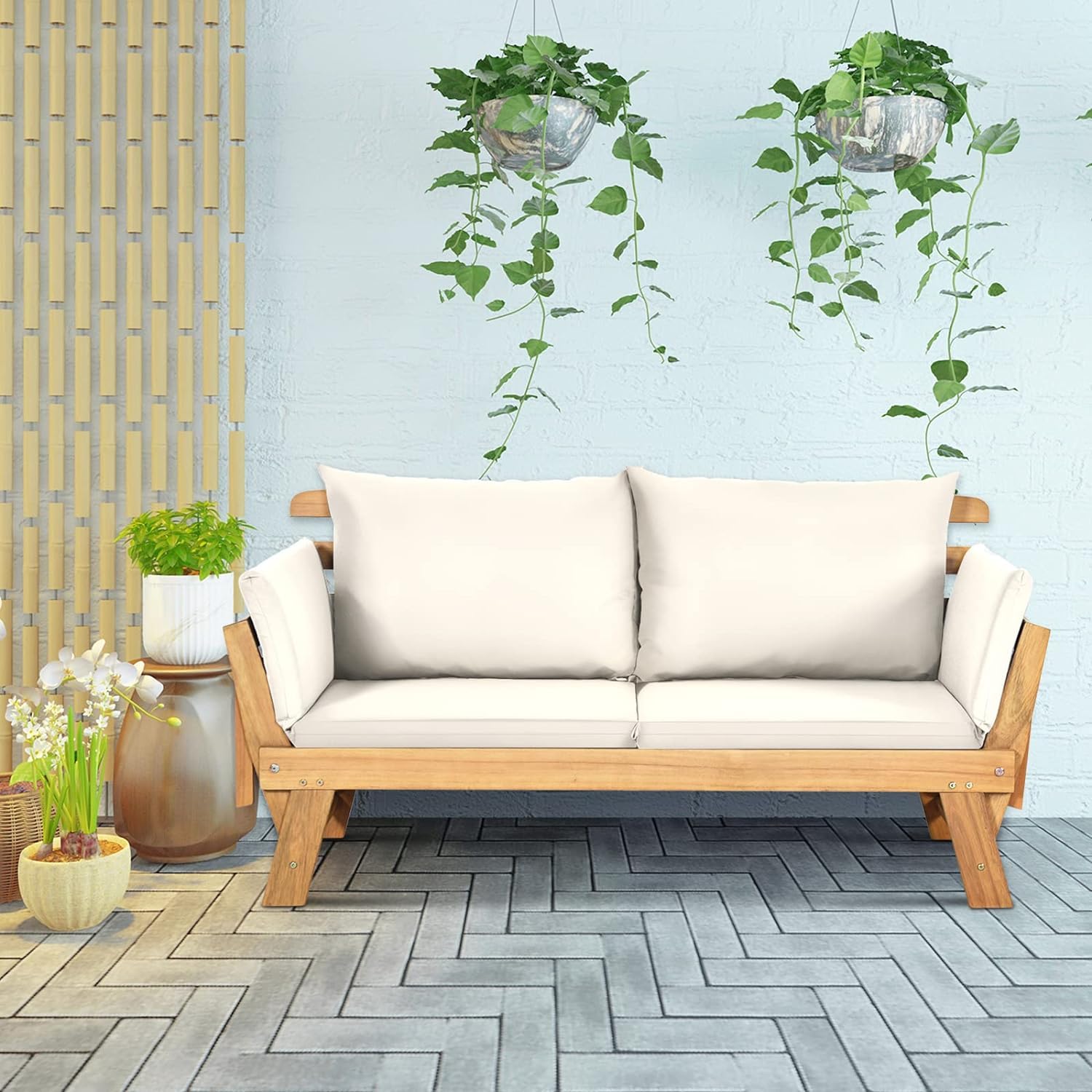 GOPLUS Sofá Cama de Jardín 2 Plazas, 3 en 1 Sofá Exterior Convertible en Tumbona y Cama Individual, Banco de Madera de Acacia con Cojines y Reposabrazos Ajustables, Terraza Patio Piscina (Blanco)