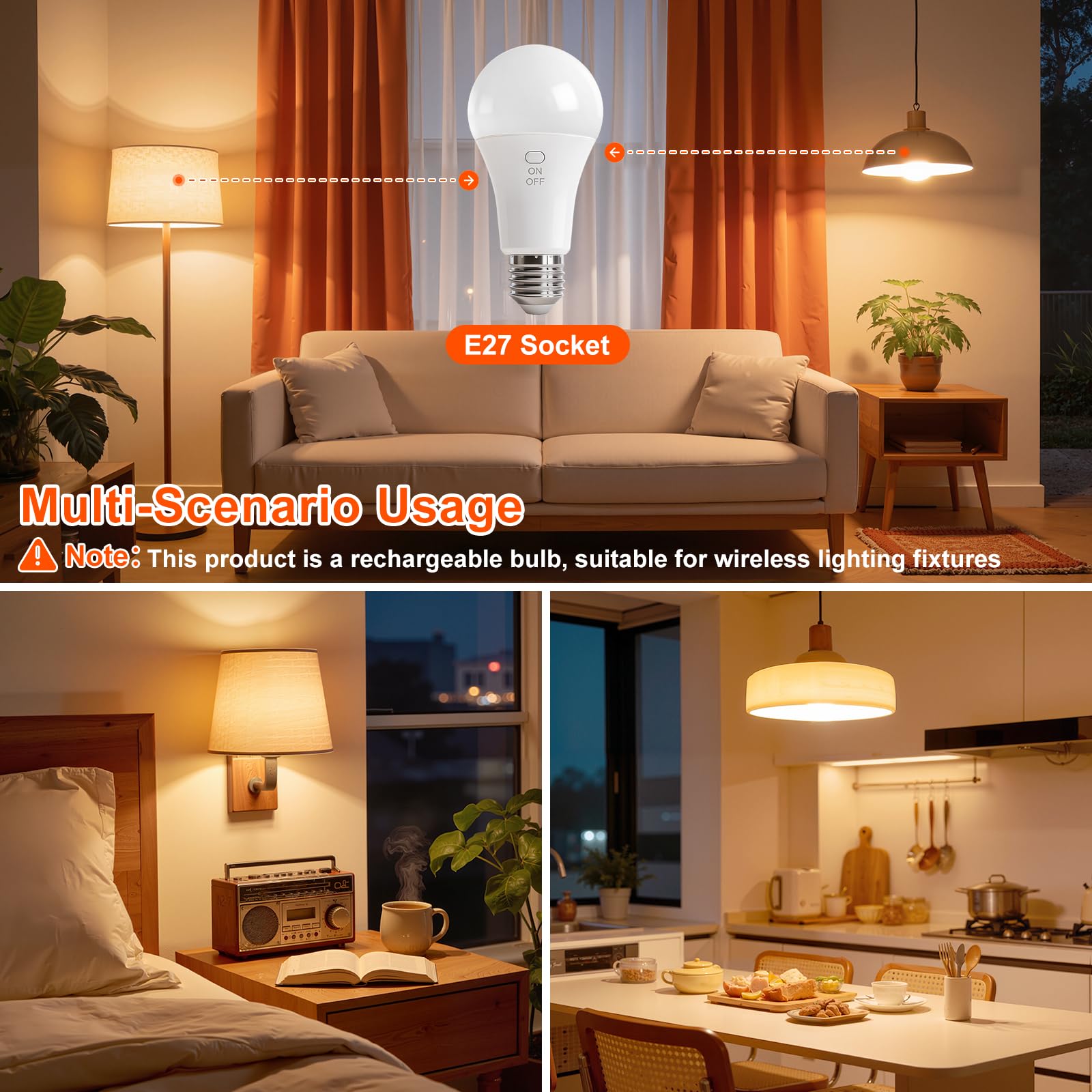 Ketom 4 Piezas Bombilla Recargable E27, Bombilla con Mando Usb, 7 W Bombillas Inalámbricas Recargables, 3 Temperaturas de Color & Regulable, Temporizador, para Acampadas Iluminación de Emergencia