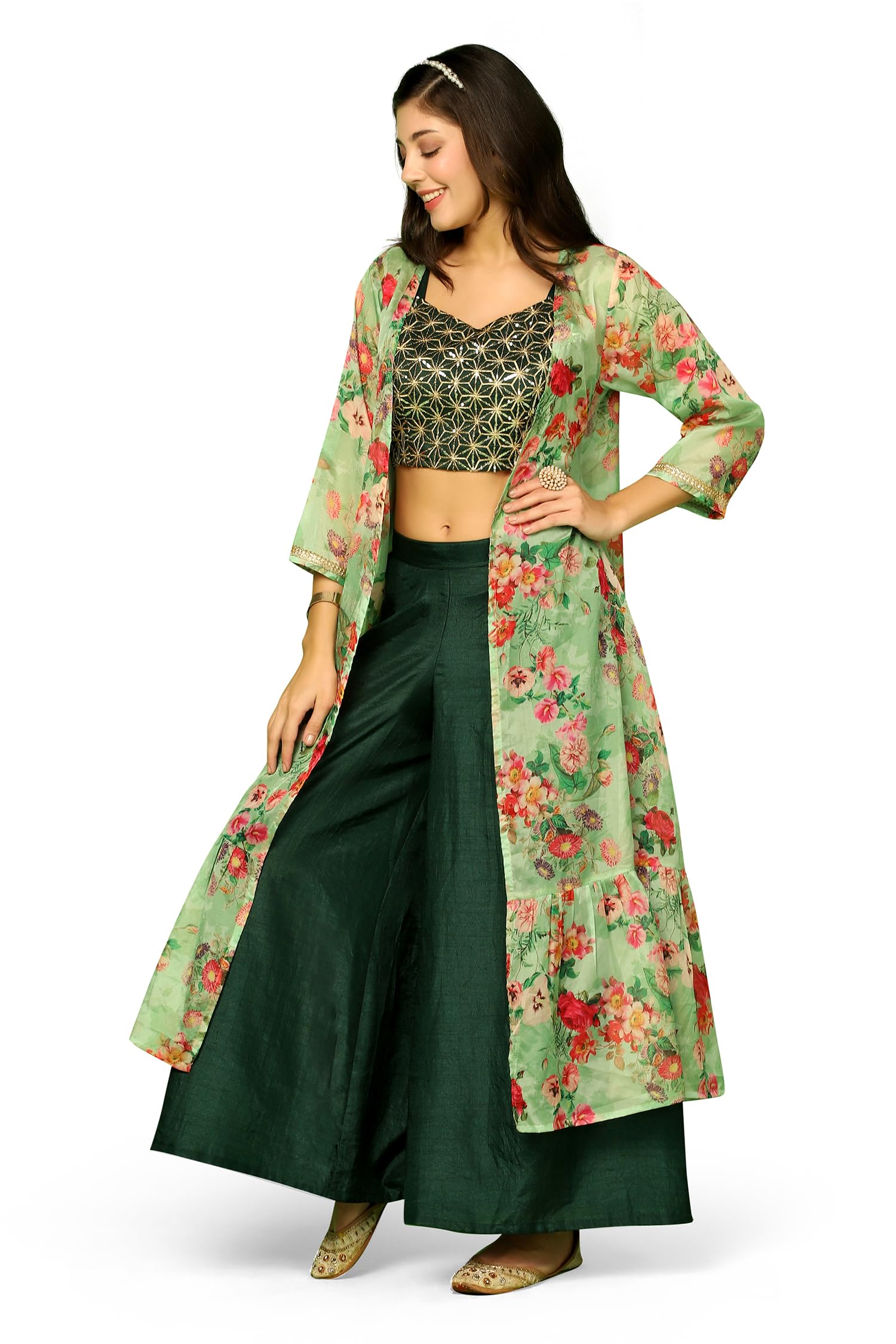 JwalinWomen’s Embroidered Crop Top And Palazzo Suit Set with Shrug