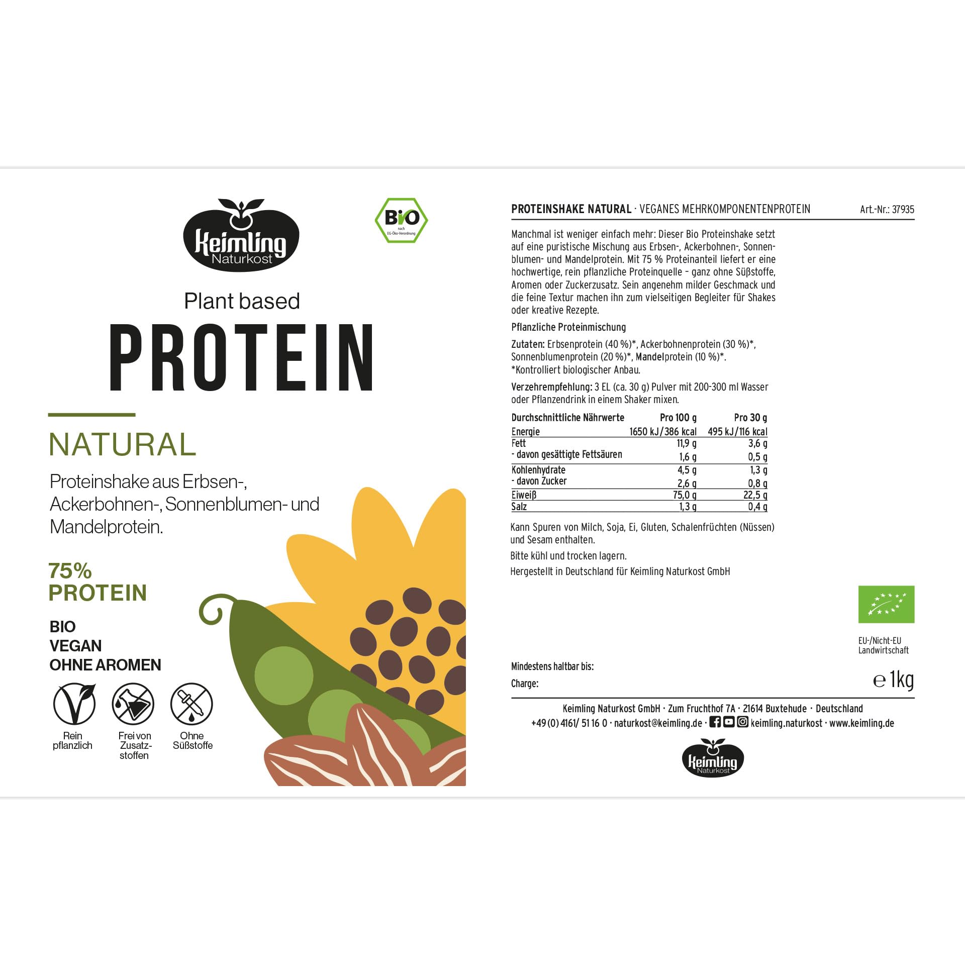 Keimling Bio Proteinpulver Natural 1000 g – 100% natürliches veganes Proteinpulver mit 75% Protein – Erbsen-, Ackerbohnen-, Sonnenblumen- & Mandelprotein – ohne Zuckerzusatz & künstliche Aromen
