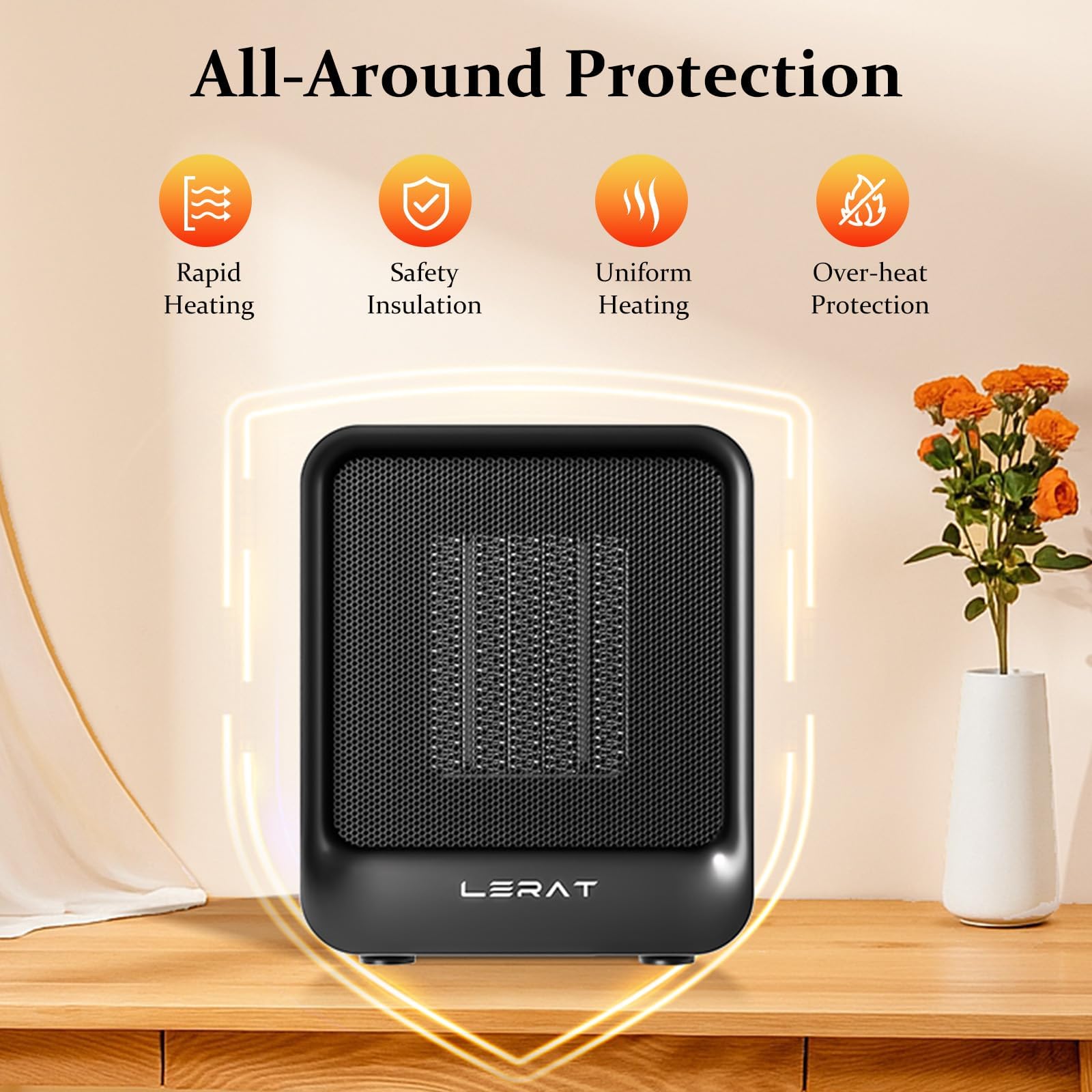 The ultra-compact Lerat space heater fits easily on a desk, providing personal warmth.