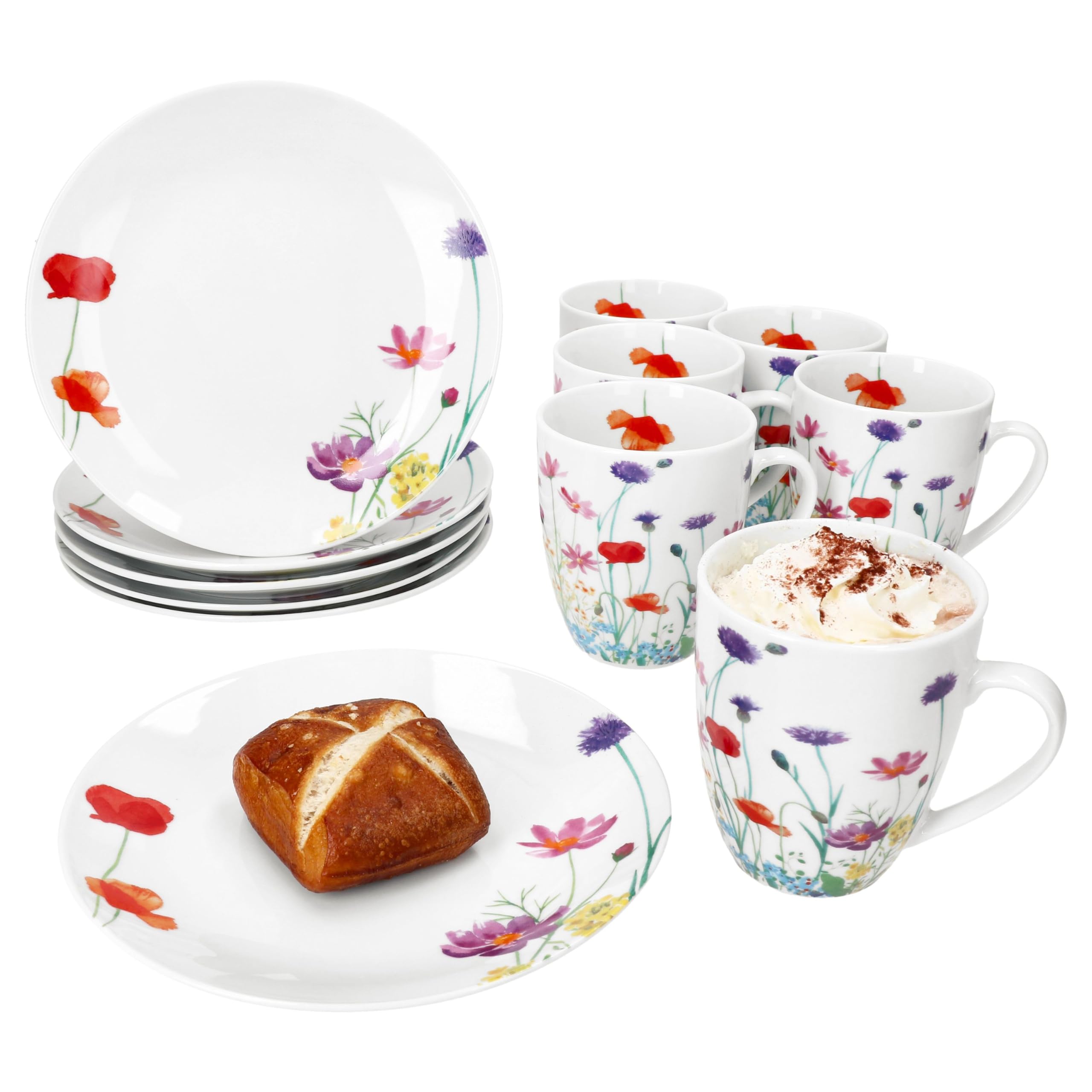 MamboCat Marie 12tlg Frühstücksset I Porzellan-Geschirr mit Blumenwiese-Dekor für 6 Personen I Je 6x Teller & Becher 320ml für Frühstücks- & Kaffeezeit