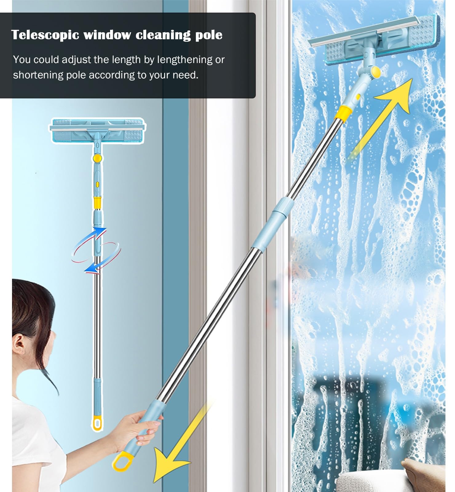Kit de limpieza de ventanas extensibles, 180 esquejillas y depurador giratorios, poste telescópico 40-60 pulgadas para vidrio de coche de ducha casera, herramienta de limpieza sin rayas con almohadill