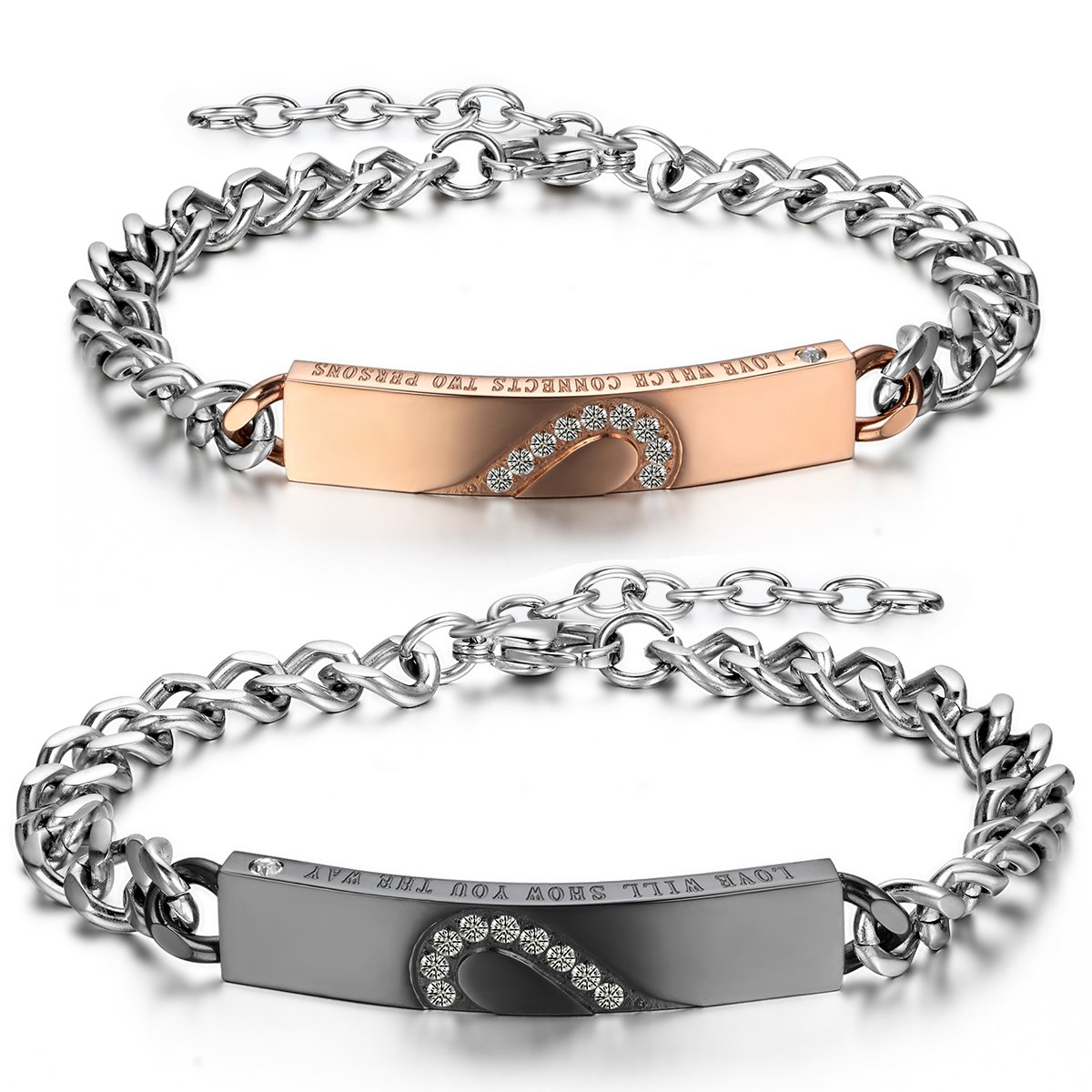 JewelryWe Personalisiert Paar Armband Edelstahl: Herren Damen Partnerarmband Freundschaftsarmband mit Gravur Valentinstag Pärchen Geschenk Zirkonia Glänzend Poliert Panzerkette Schwarz Rosegold Silber