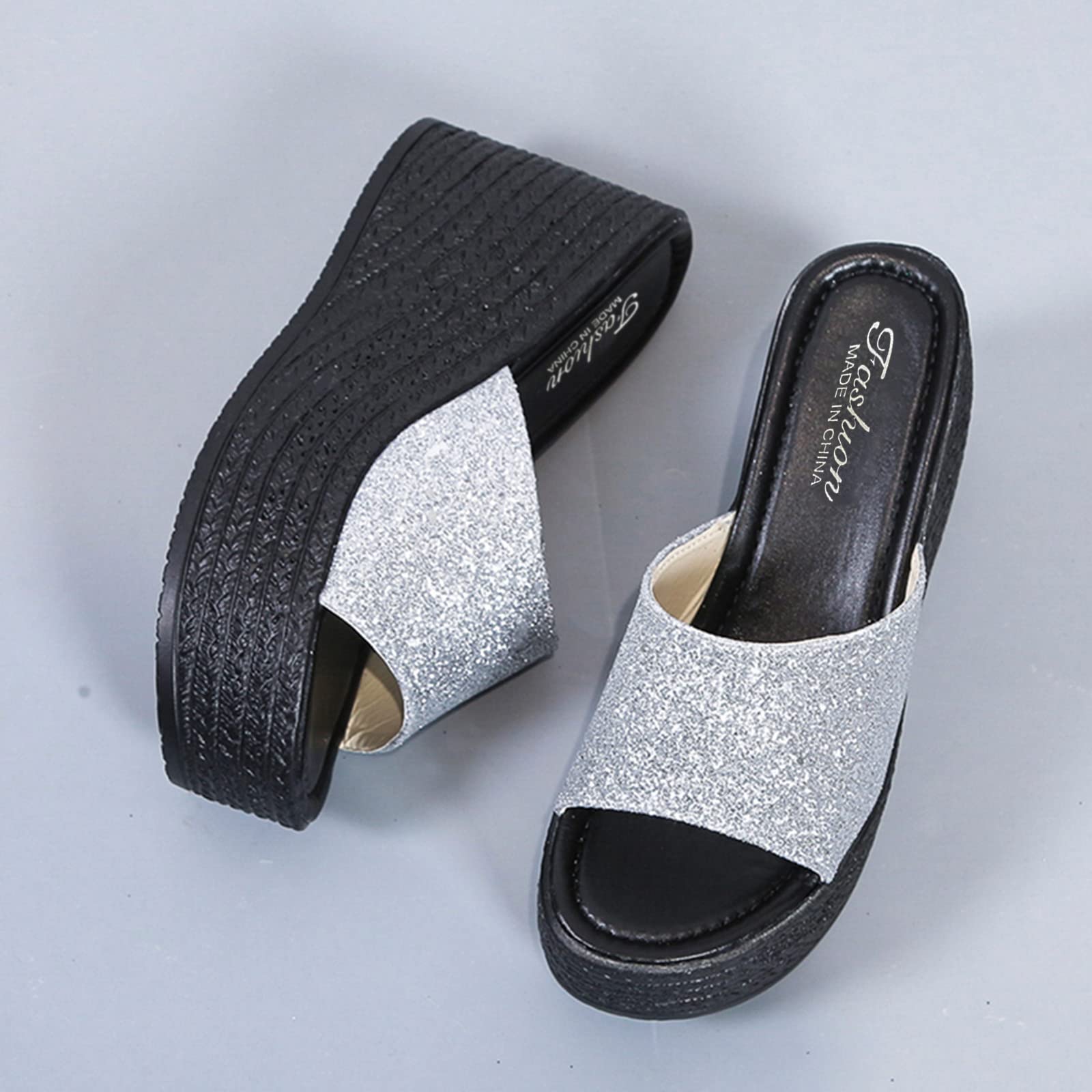 Pantuflas de casa para mujer, informales, con lentejuelas, con plataforma, boca de pez, a la moda, para mujer, Silver, 40 EU