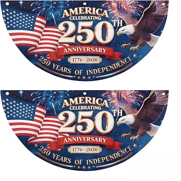 2PCS 250th Anniversary USA Bunting Flag, Patriotic Eagle Motif American Fan Flag Decorations, 1776-2026 250 Years of Independence Banner Decors for Wall Front Door Porch Fence Outdoor, 1.5x3 FT