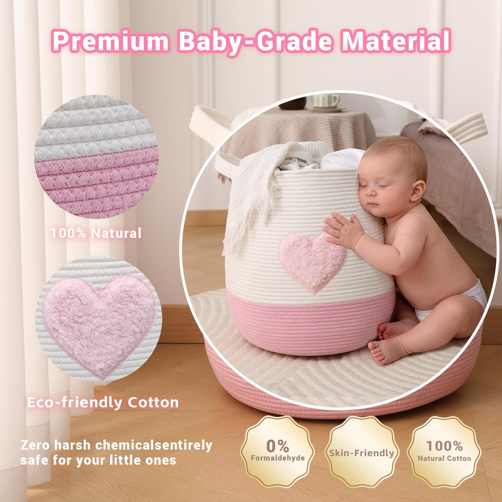 Grand panier de rangement en corde de coton (45 x 43 cm), panier à linge tissé et panier de rangement de jouets pour chambre de bébé, rangement de couvertures avec poignées, cœur rose
