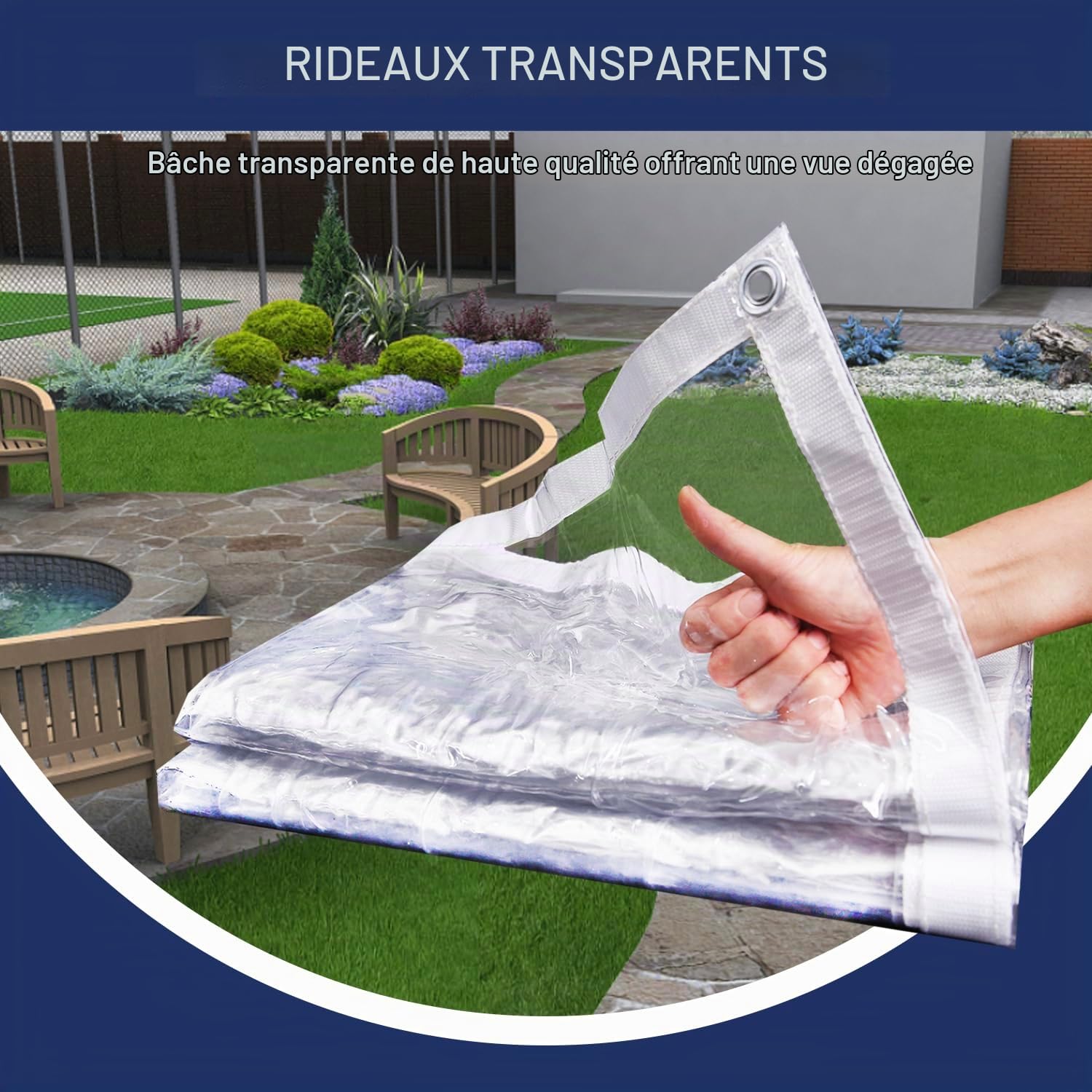 Bâche transparente imperméable très résistante de 1,5 x 2 m - 420 g/m², avec œillets, pour couverture de pergola et terrasse, livrée avec corde et attaches de câble
