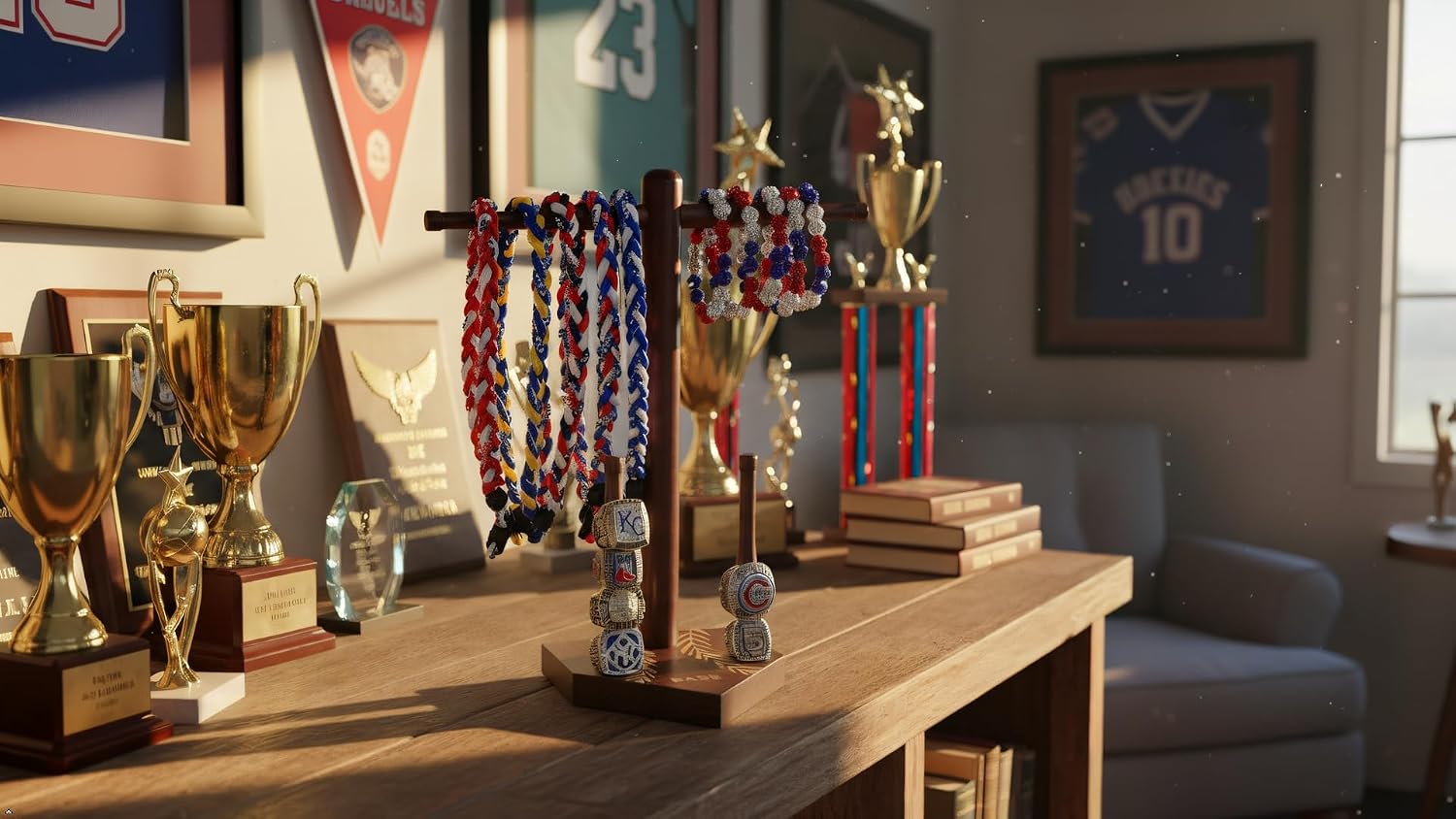 Wooden Baseball Ring Holder and Drip Necklace Display Stand- Sturdy T-Bar Wood Championship Ring Organizer for Baseball Softball Players - 12.7" Sports Jewelry Rack with Dual Ring Pillars