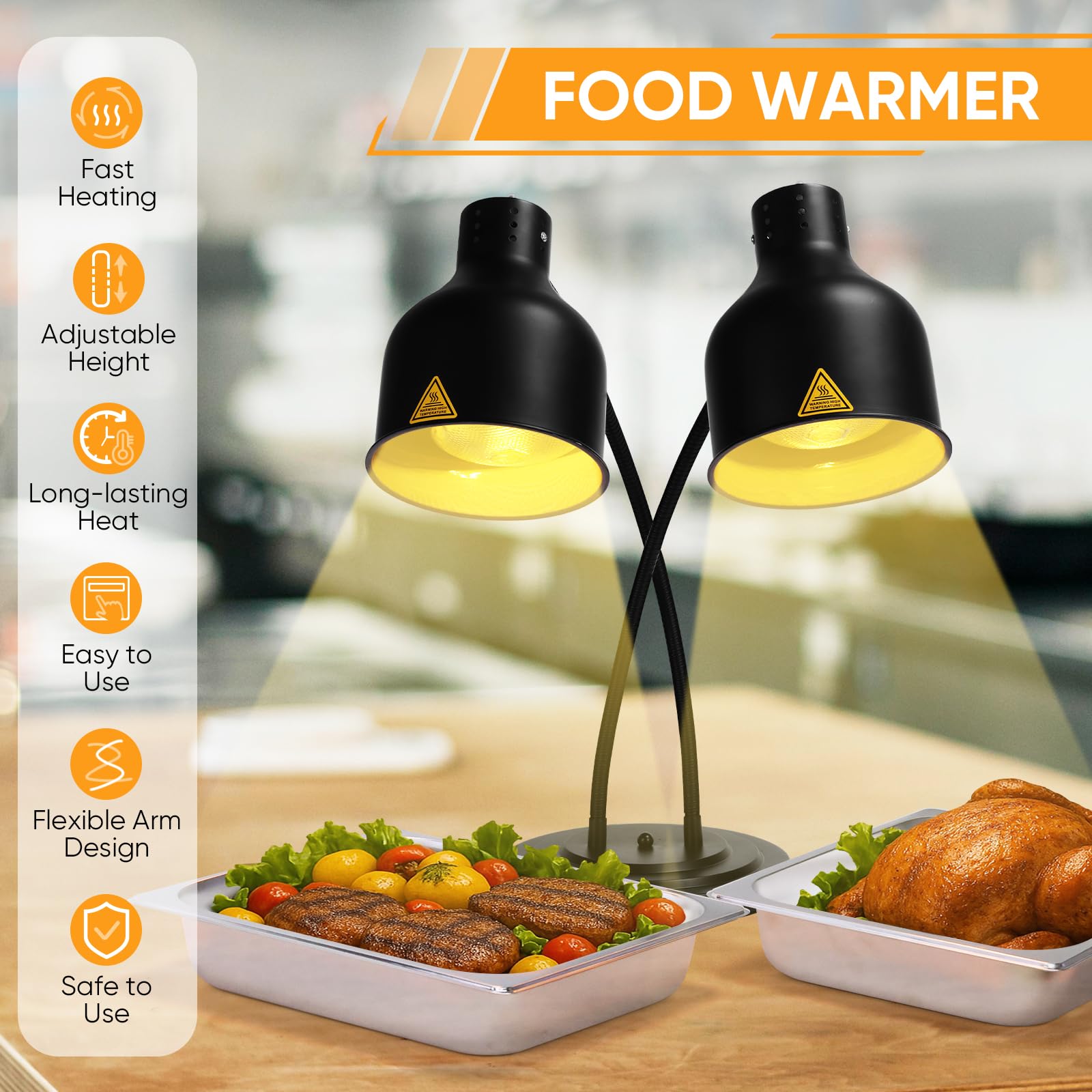 Yuanhao Black Dual Arm Stainless Steel Food Heat Lamp with 3 Bulbs - 120V, 500W (Black)