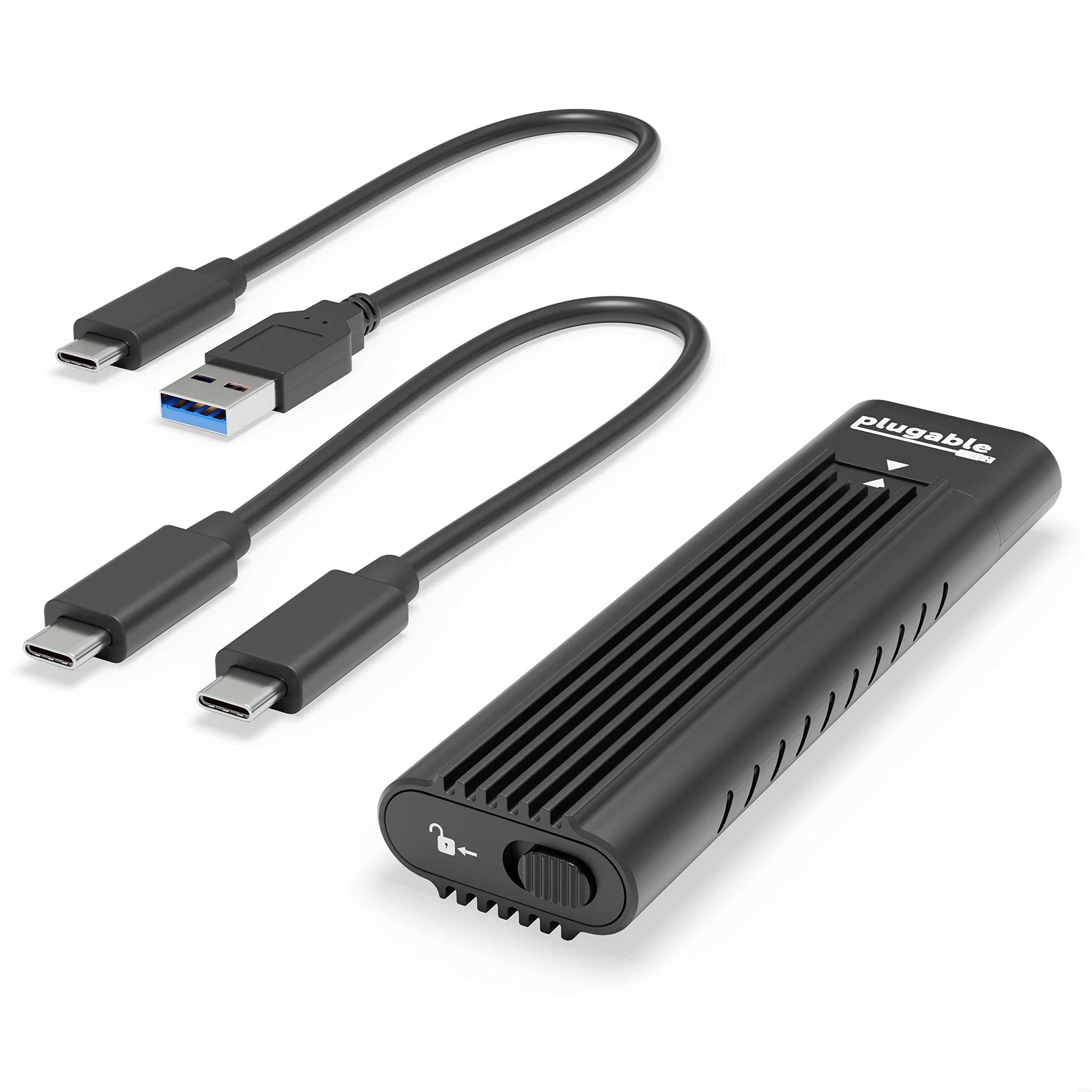 Plugable M.2 NVMe SSD Enclosure; Tool-Free & Driverless, USB 3 Type-C, Including Thunderbolt and USB4, at 10Gbps. for M.2 NVMe SSDs 2230 to 2280 PCIe Gen 3 and 4. USB Cables Included