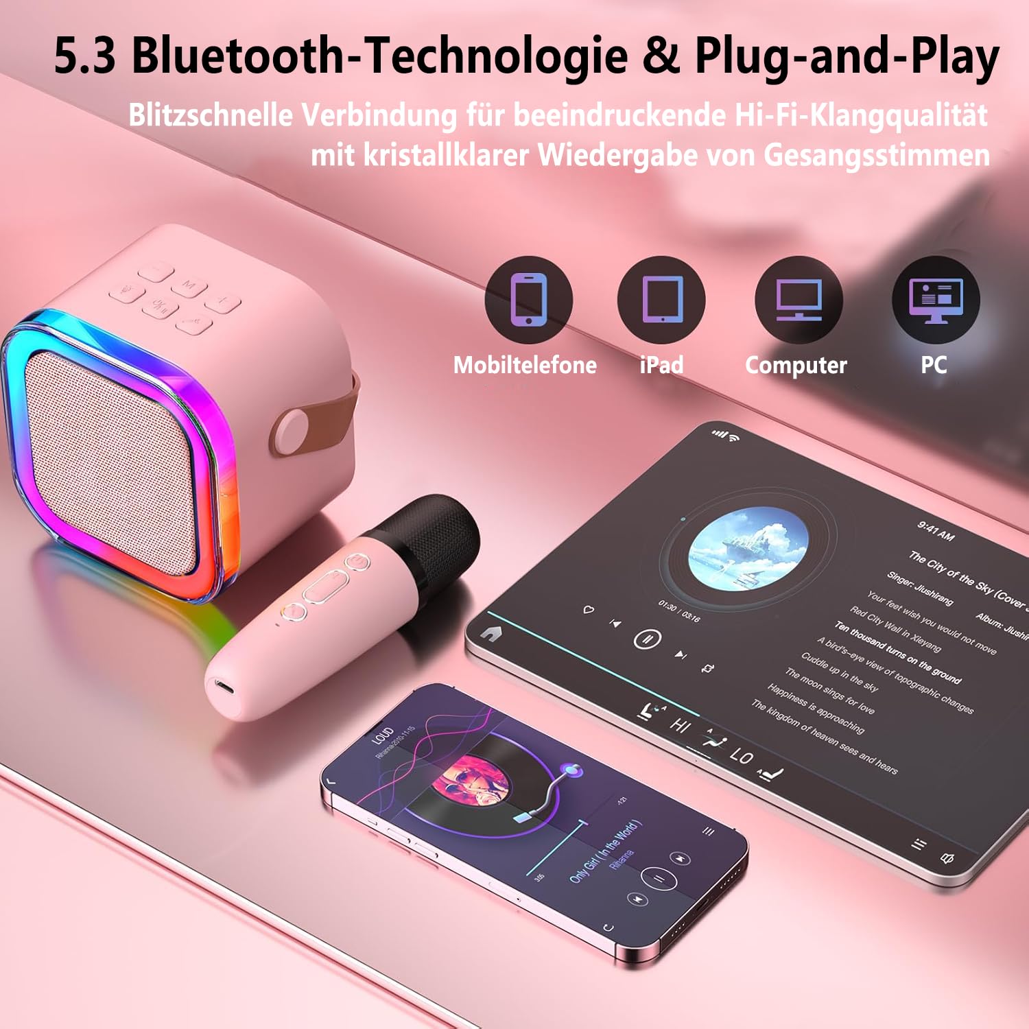 Maszyna do karaoke dla dzieci, mini maszyna do karaoke z 2 mikrofonami Bluetooth, przenośny głośnik Bluetooth z efektami dźwiękowymi i diodami LED, prezent dla dzieci w wieku 3-12 lat, dla dziewcząt i