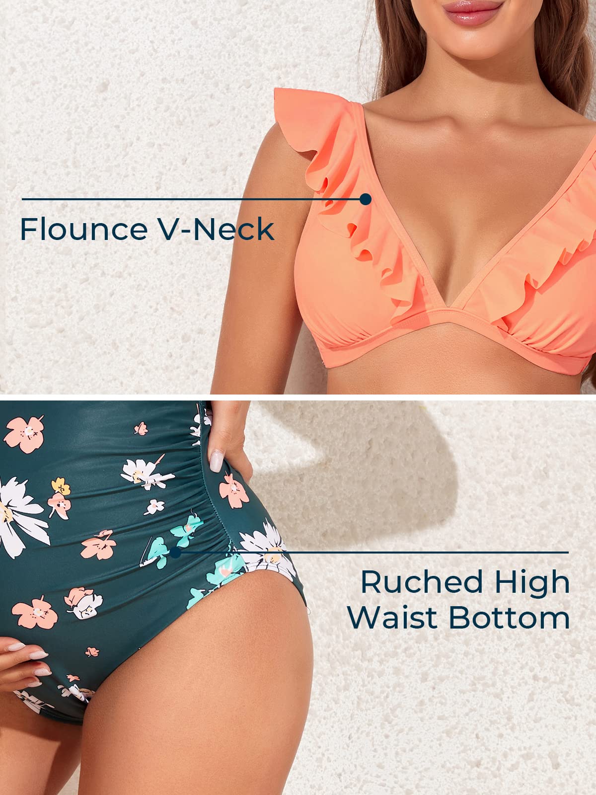 Summer Mae Traje de baño de maternidad de cintura alta de dos piezas con volantes, cuello en V floral, traje de baño para embarazo