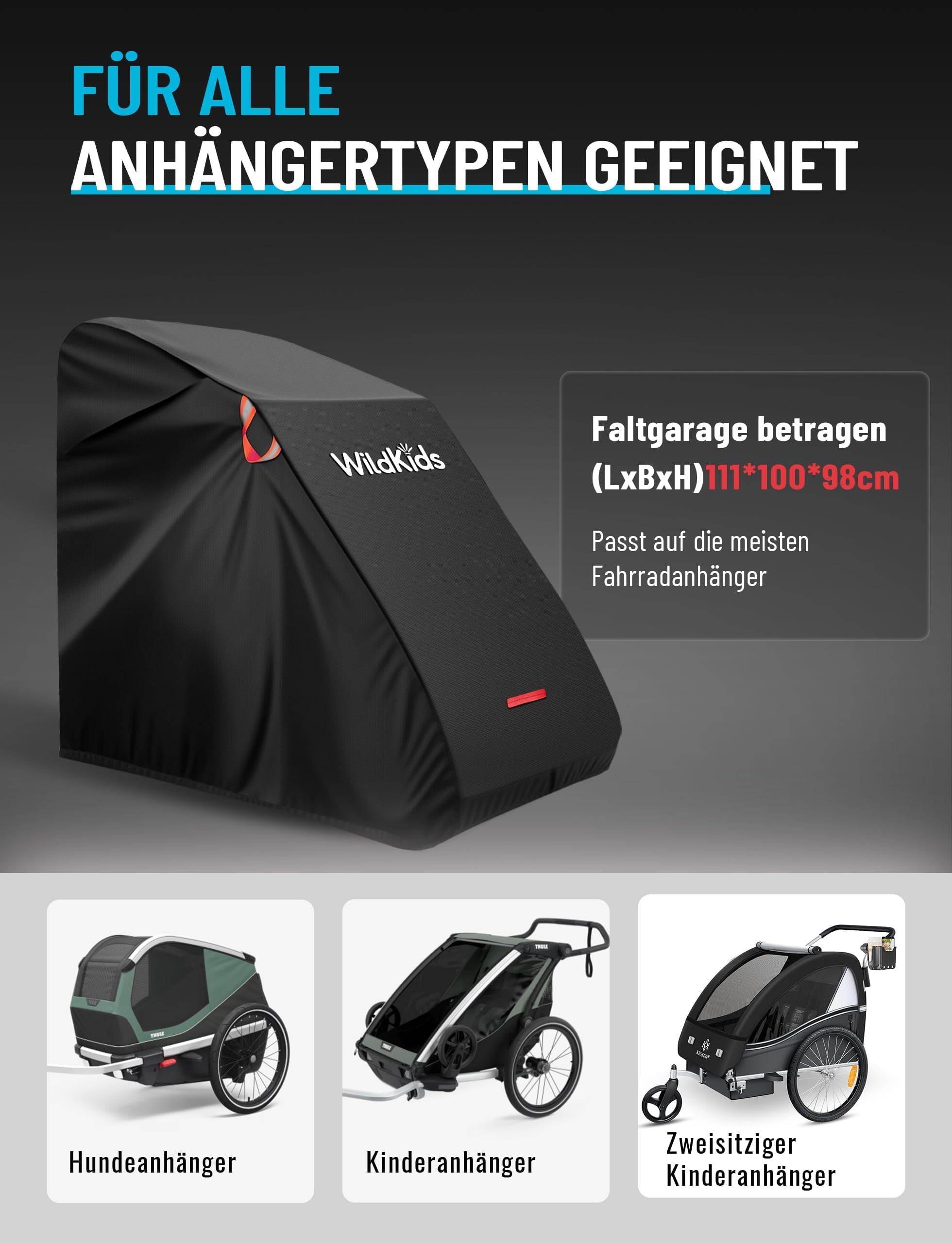 WildKids Universelle Abdeckung für Fahrradanhänger (Einzel- und Doppelsitzer) | Reißfest, UV-beständig, regenfest und atmungsaktiv | kompatibel mit Thule, Kesser, Hauck und weiteren Marken