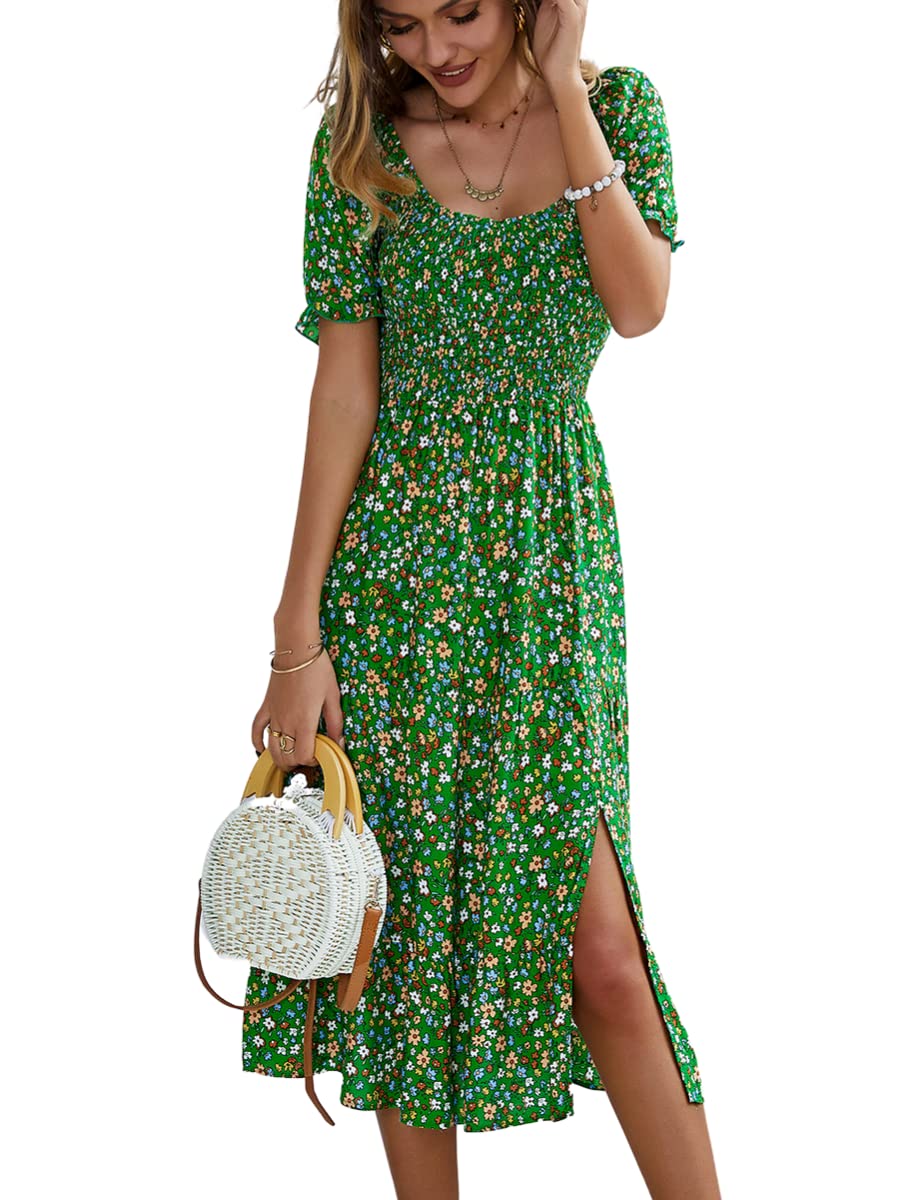 MOPOOGOSS Womens Short Puff Sleeve Elastic Square Neck Side Split Print Casual Flowy Summer Midi Dresses
