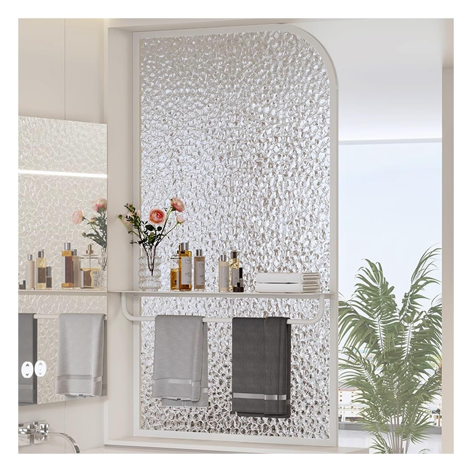 Modern Freestanding Tempered Glass Room Divider Panel Translucent Floor-to-Ceiling Partition with Steel Frame for Home Office Privacy (70x100cm)