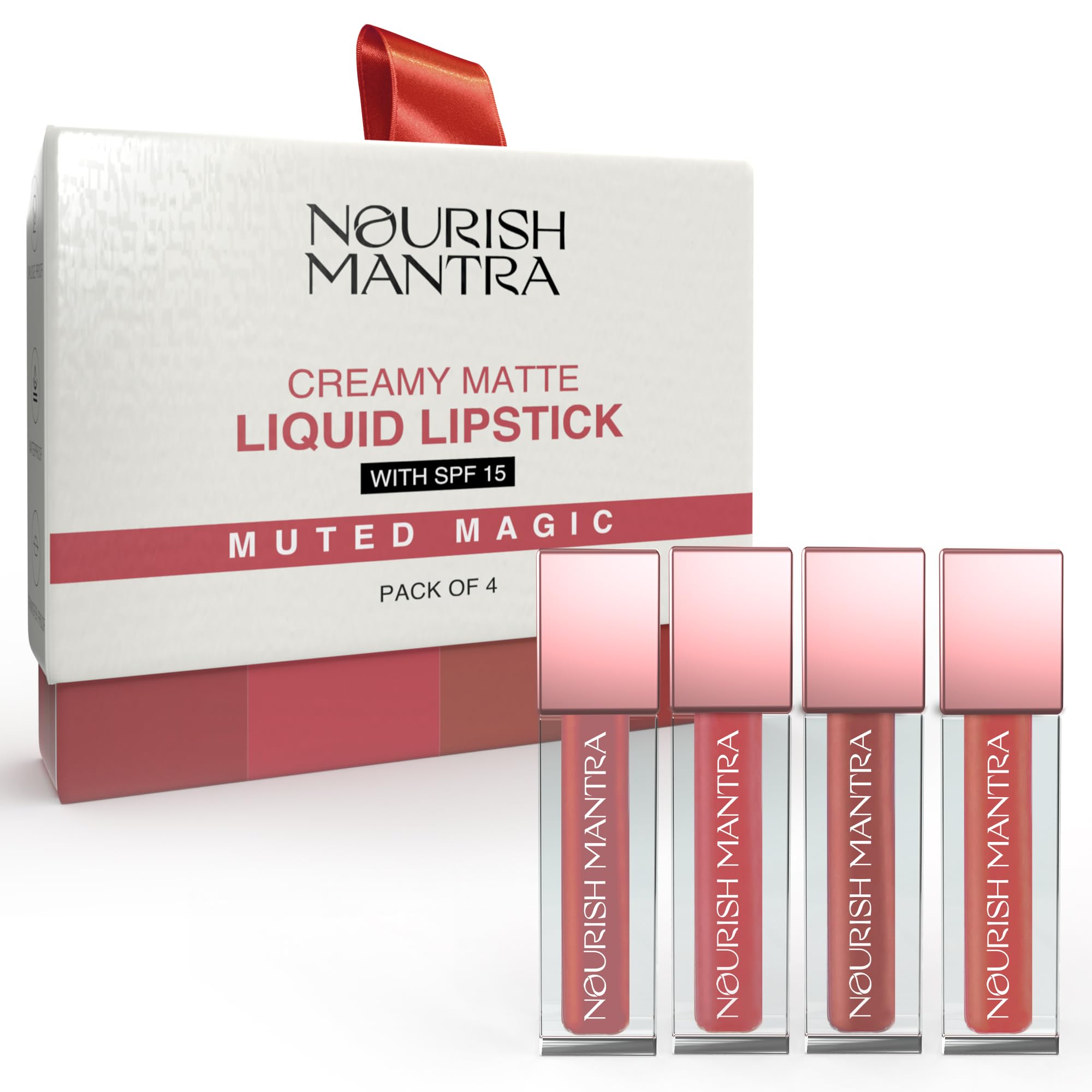 Nourish Mantra Muted Magic Matte Liquid Lipstick with SPF/Mini Lipstick/Water Proof/Smudge Proof/Transfer Proof/Long Lasting/Suits All Skin Tones/Lipstick Set of - 4 (1.2ml Each).