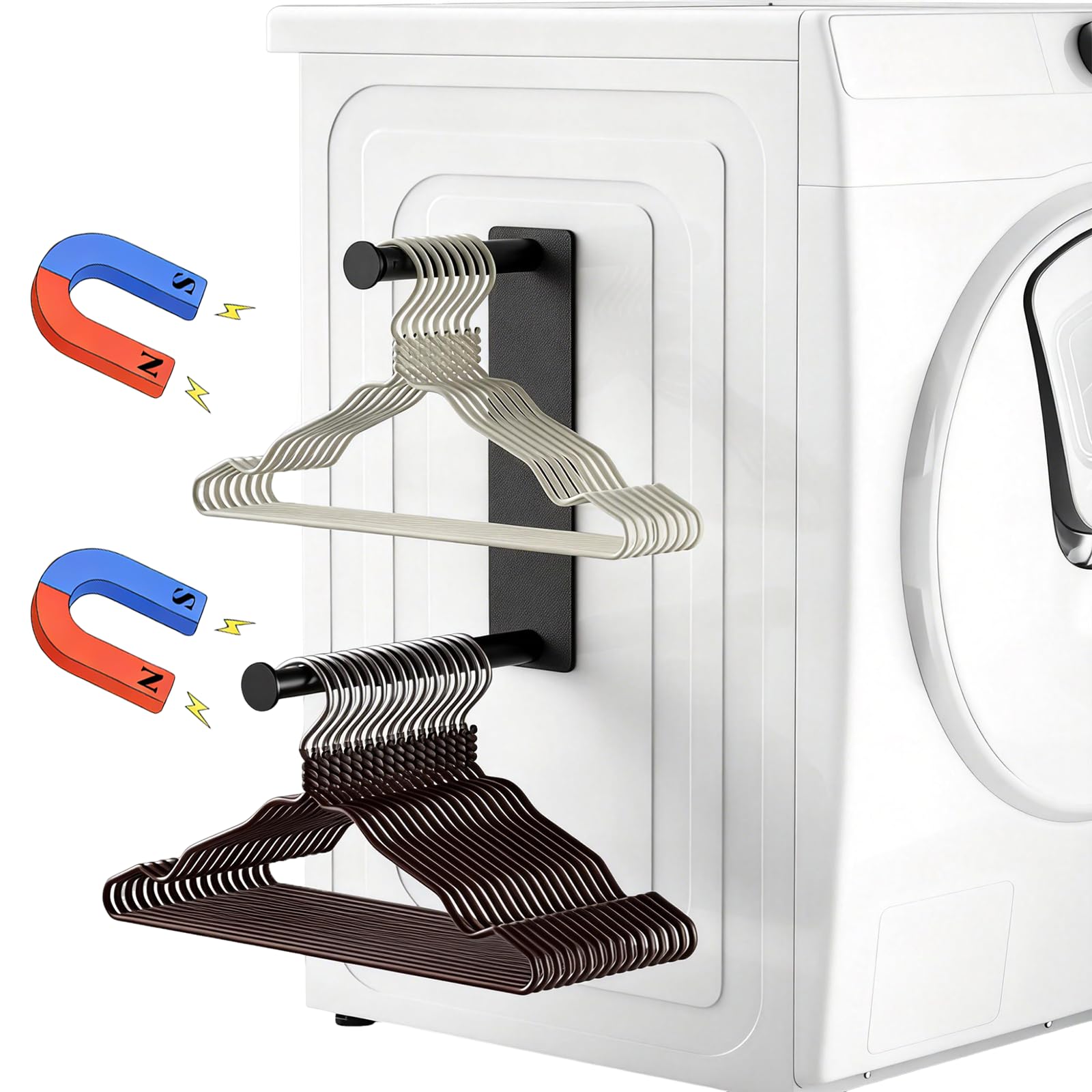 Nuoyiman Coat Hanger Storage Stacker, Extendable Laundry Room Organization, Holds 40+ Plastic Hangers, Space Saving Magnetic Hanger Holder for Washing Machine Dryer & Closet (Black)