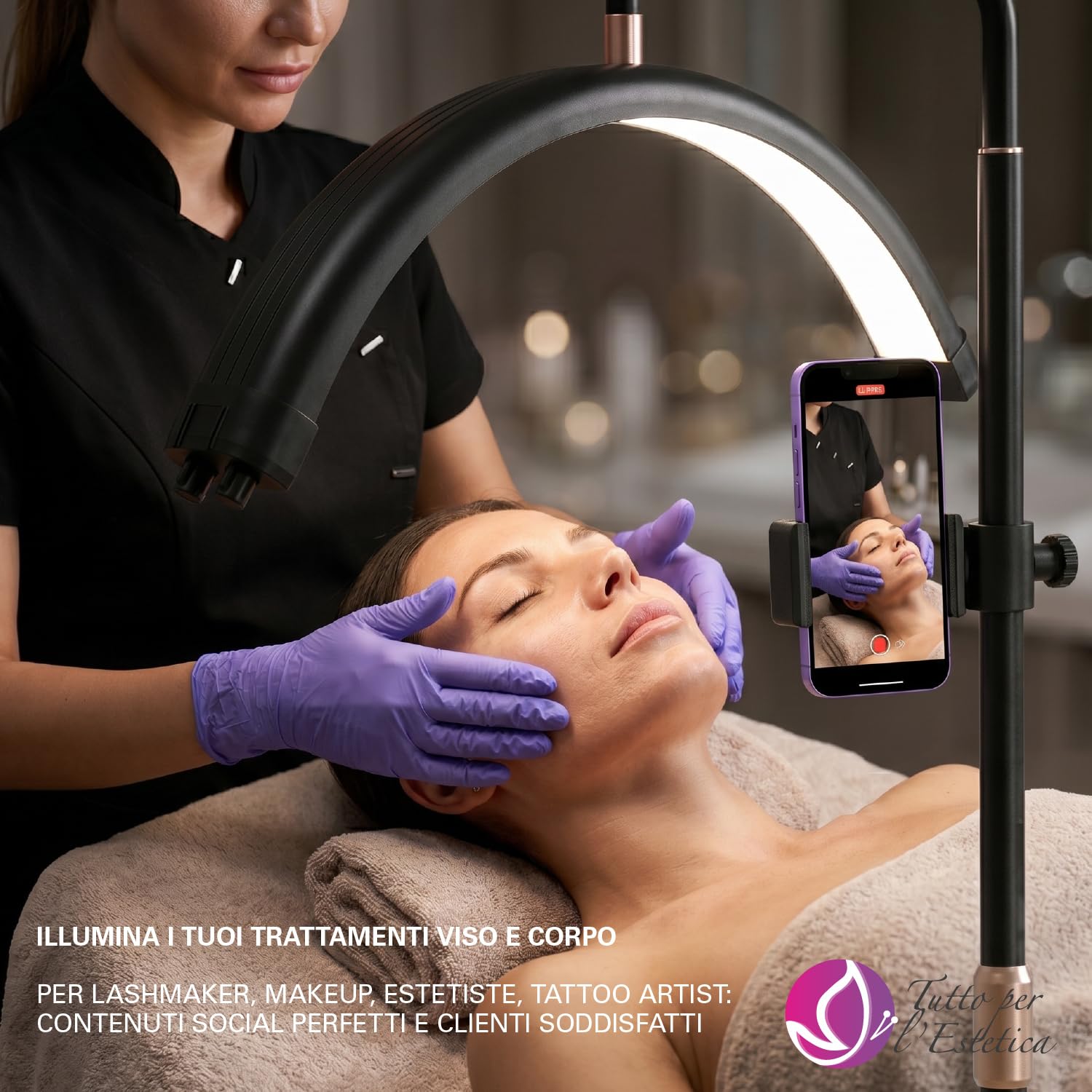 Lampada ad Arco LED Professionale con Luce 45W - Lampada Estetista e Lashmaker, Lampada Mezzaluna per Lettino ed Extension Ciglia con Stativo Regolabile, Supporto Smartphone per Contenuti Video e Foto