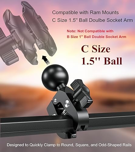 Miniatura 5 de BRCOVAN Base de montaje de abrazadera de bola de 1.5 pulgadas con garra dura de aleación de aluminio, ajuste de riel de manillar de 0.5 a 1.75