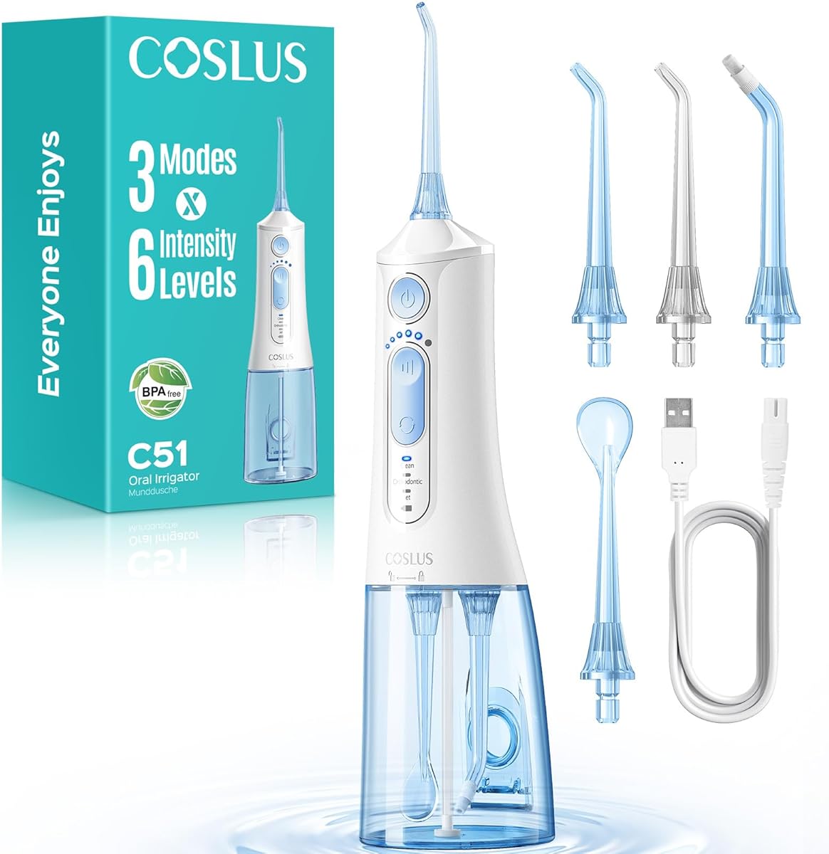 COSLUS Portable Water Flosser for Teeth: 3 Modes & 6 Pressure Settings with Jet Mode Water Dental Pick for Orthodontic, Braces, Sensitive Gums, Compact for Travel, 300ML for Multiple Users, White C51