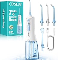 COSLUS C51 Portable Water Flosser: 3 Modes, 6 Pressures, Jet Mode for Braces, Travel & Family Use - 300ml Tank, White