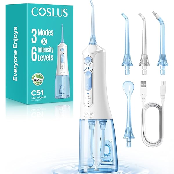 COSLUS Portable Water Flosser for Teeth: 3 Modes & 6 Pressure Settings with Jet Mode Water Dental Pick for Orthodontic, Braces, Sensitive Gums, Compact for Travel, 300ML for Multiple Users, White C51